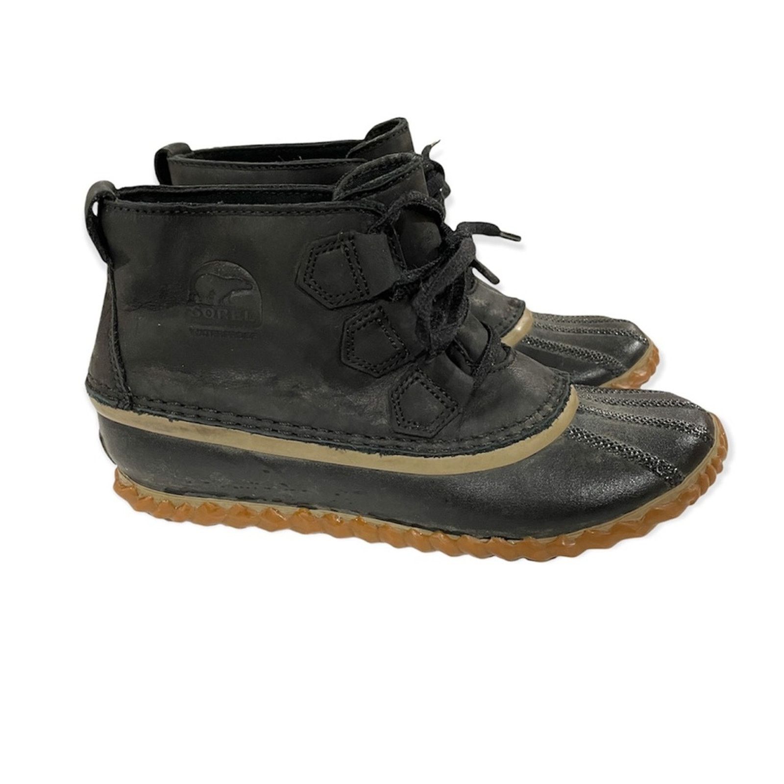 SOREL Sorel Out N About Black Leather Lace Up Ankle Duck Boots Size US 7 / IT 37 - 1 Thumbnail