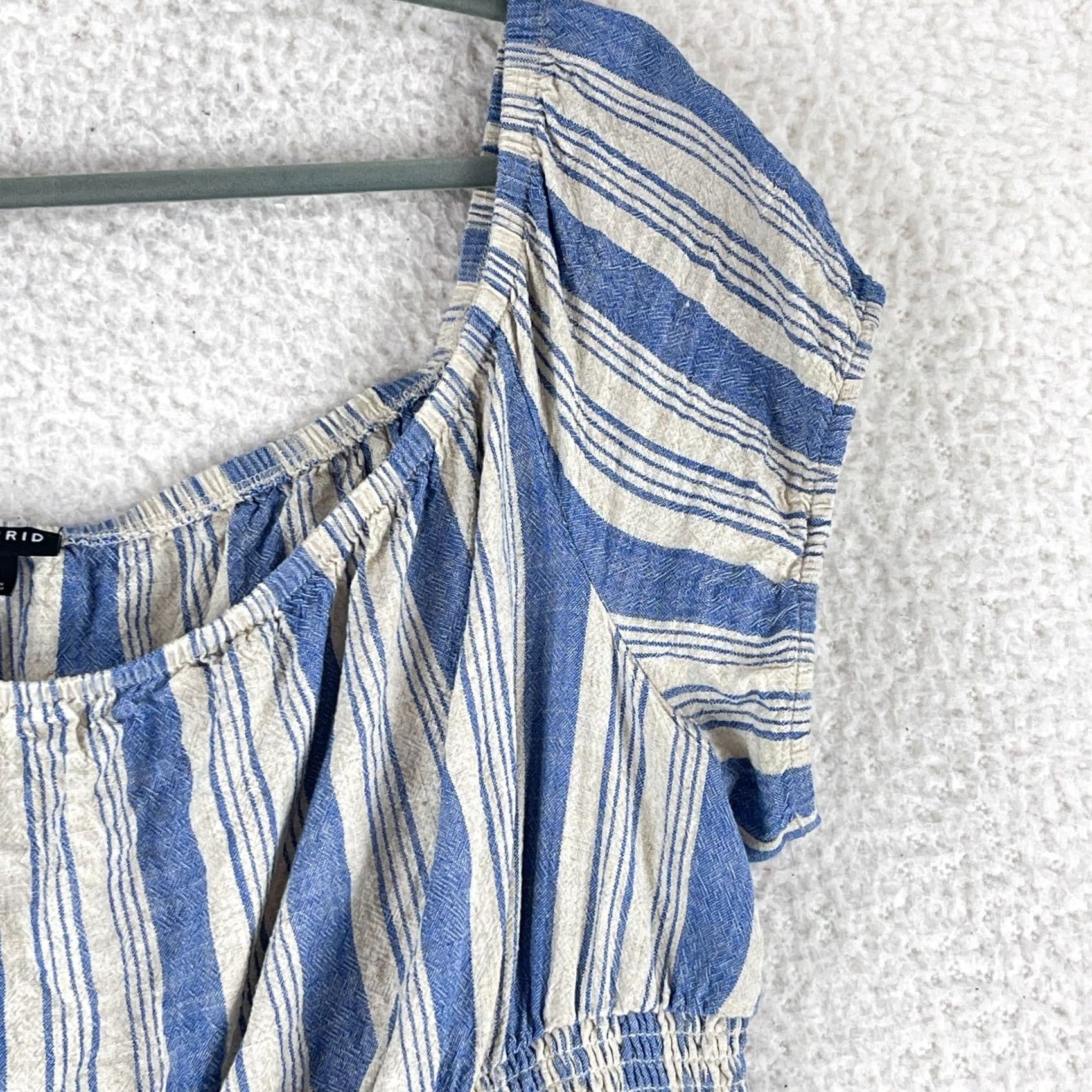 Torrid Torrid Blue Stripe Off Shoulder Crop Shirt 3X Womens Plus Size Smocked Waist Linen Blend Pullover Short Sleeve Top Size XXL / US 16-18 / IT 52-54 - 3 Thumbnail