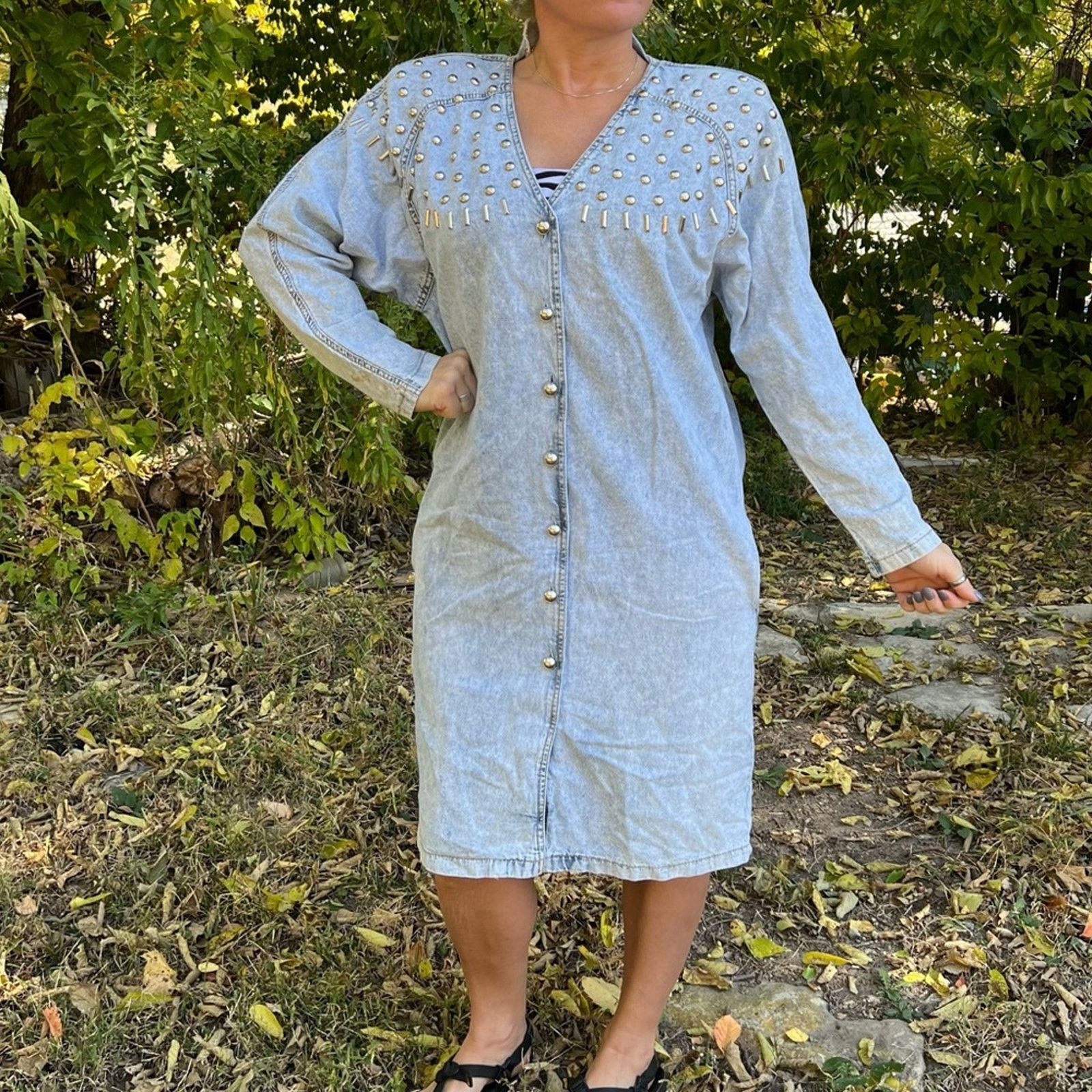 Vintage 80s Monique acid wash denim dress silver tone stud detail 12 |  Grailed