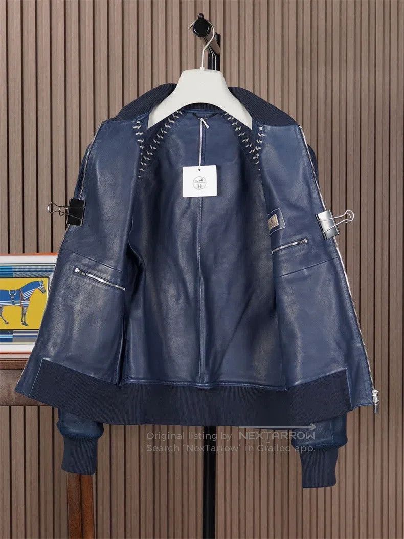Hermes Hermes Men's Runway Midnight Blue Baseball Jacket Leather Size US M / EU 48-50 / 2 - 3 Thumbnail