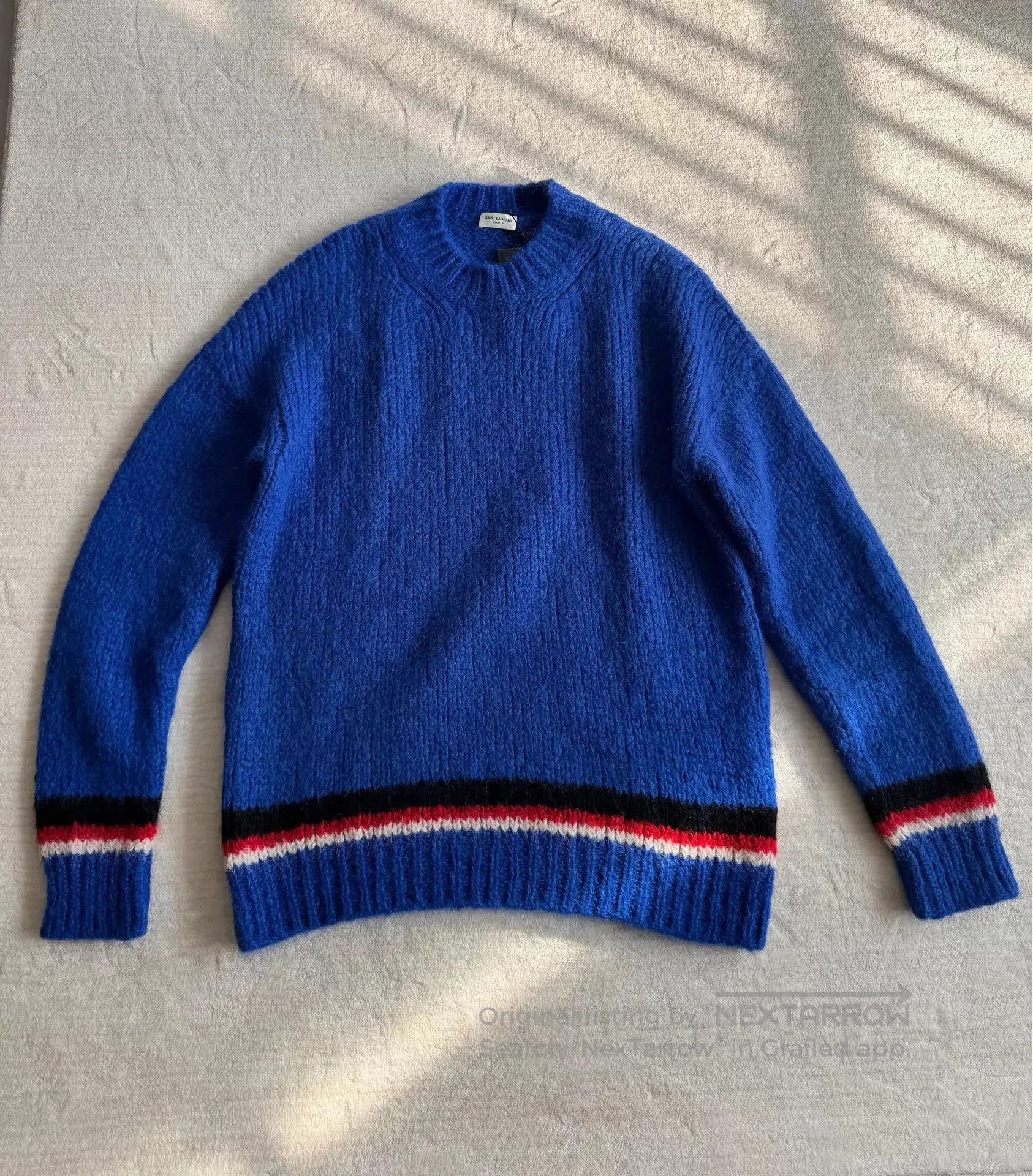 Saint Laurent Paris Blue Ribbed Sweater with Striped Cuffs and Hem. Size US S / EU 44-46 / 1 - 1 Thumbnail