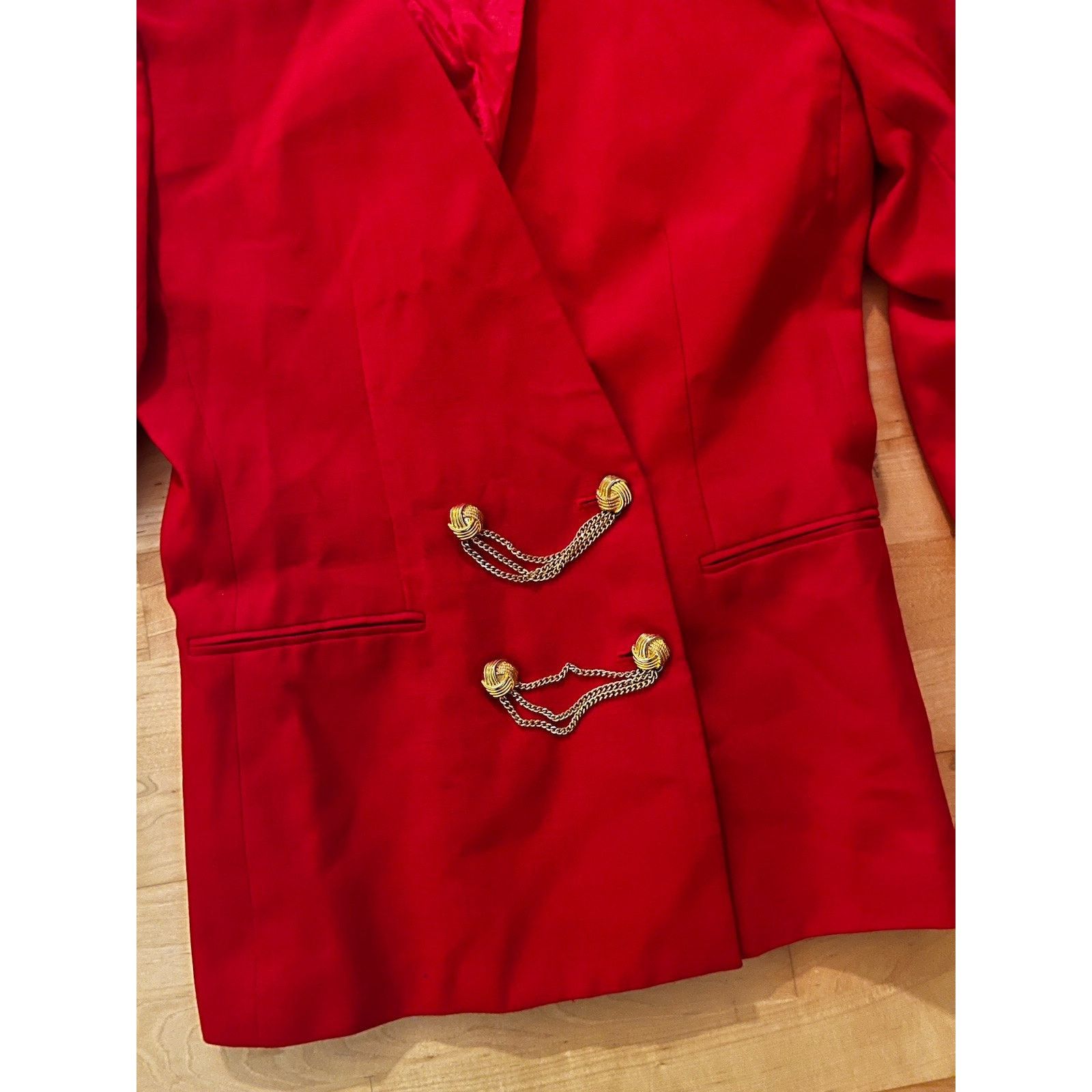 Vintage VTG Kasper Red V Neck Blazer Jacket Gold Chain Buttons 10 Size L / US 10 / IT 46 - 3 Thumbnail