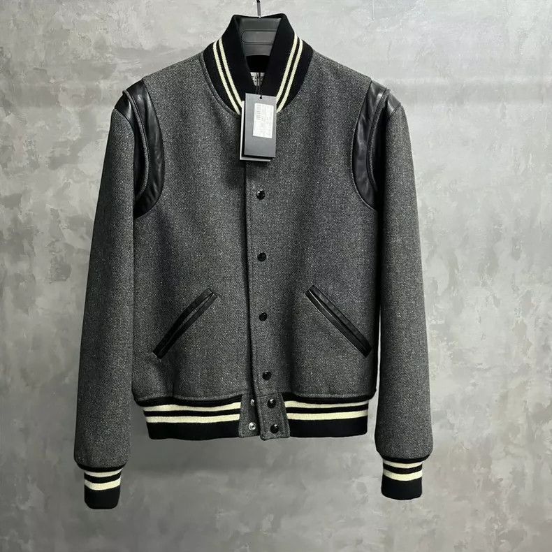 Saint Laurent Paris Saint Laurent Gray Wool Stripe Bomber Jacket- Size US L / EU 52-54 / 3 - 1 Thumbnail