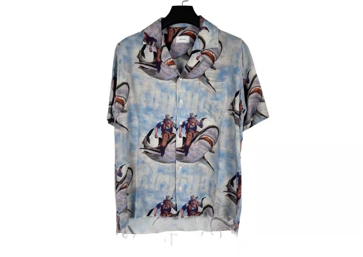 Rhude Rhude Shark Print Distressed Fringe Short Sleeve Shirt J31 Size US XS / EU 42 / 0 - 1 Thumbnail