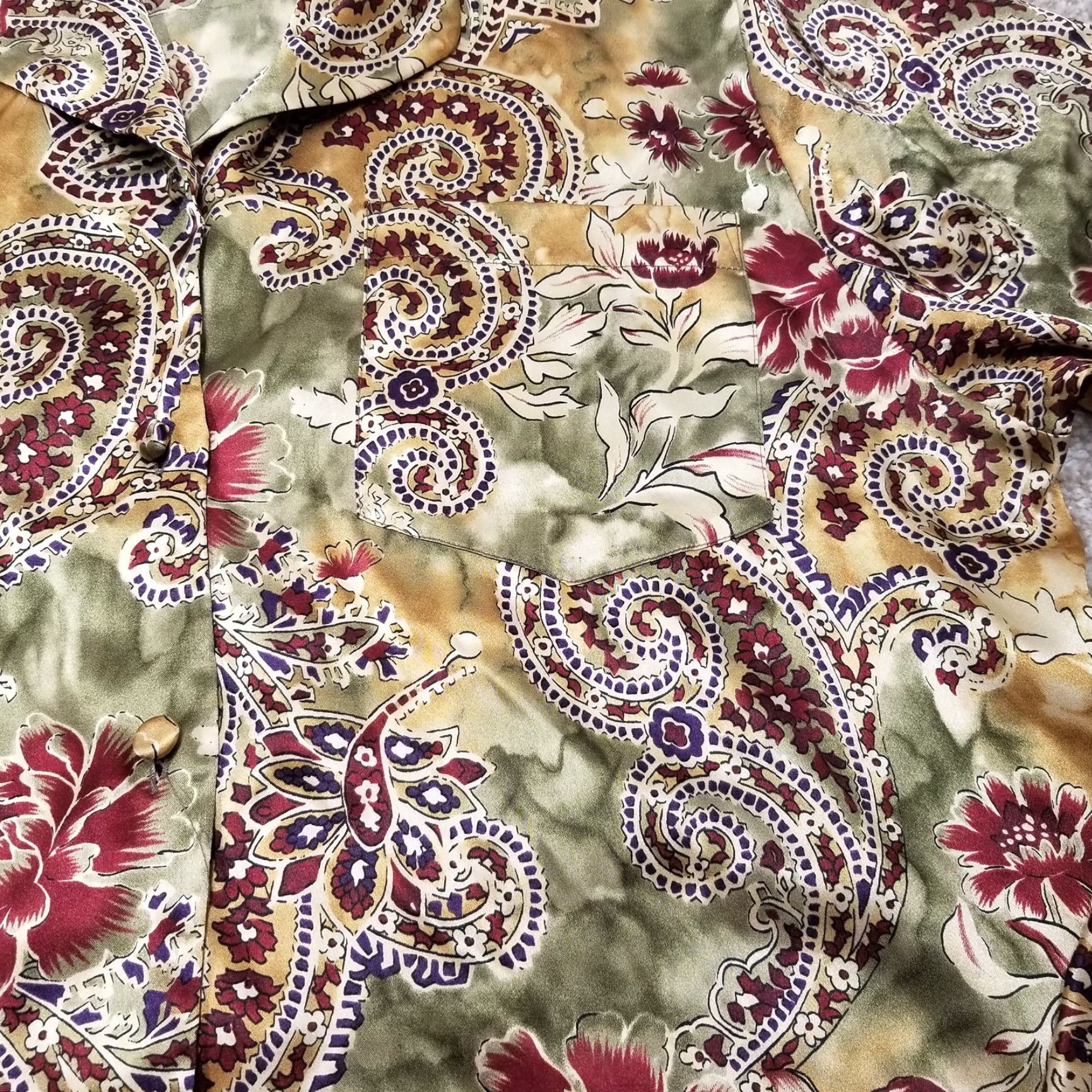Vintage Sofia By Delicates Short Robe Pajama Top Women M Satin Polyester Paisley Floral Crew Neck Long Sleeve Red Gold Green 90s? Size M / US 6-8 / IT 42-44 - 2 Thumbnail