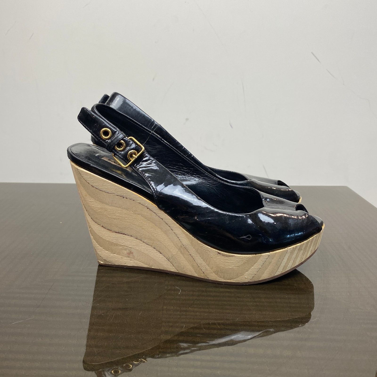 Miu Miu Miu Miu Patent Leather Peep Toe Wedge Heels Slingback 35 Size US 5 / IT 35 - 3 Thumbnail