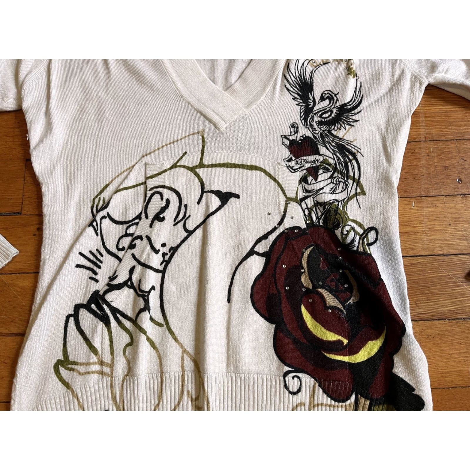 Ed Hardy VINTAGE Ed Hardy Hoodie Sweater Women’s Large White Sequin Y2K Size L / US 10 / IT 46 - 3 Thumbnail