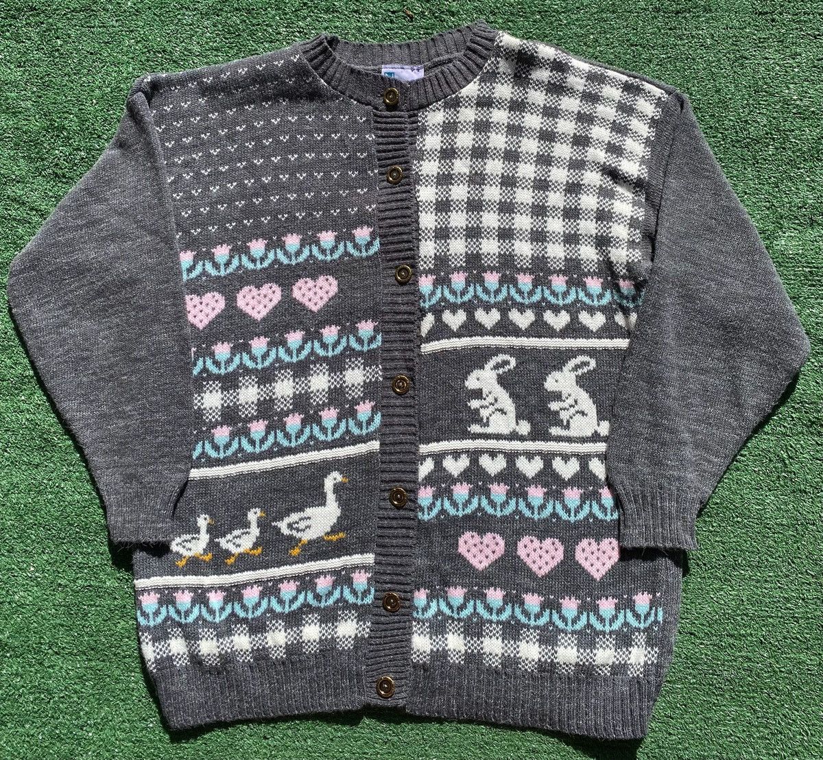 Vintage 80’s Needles Up Duck Rabbits Hearts Cardigan Sweater