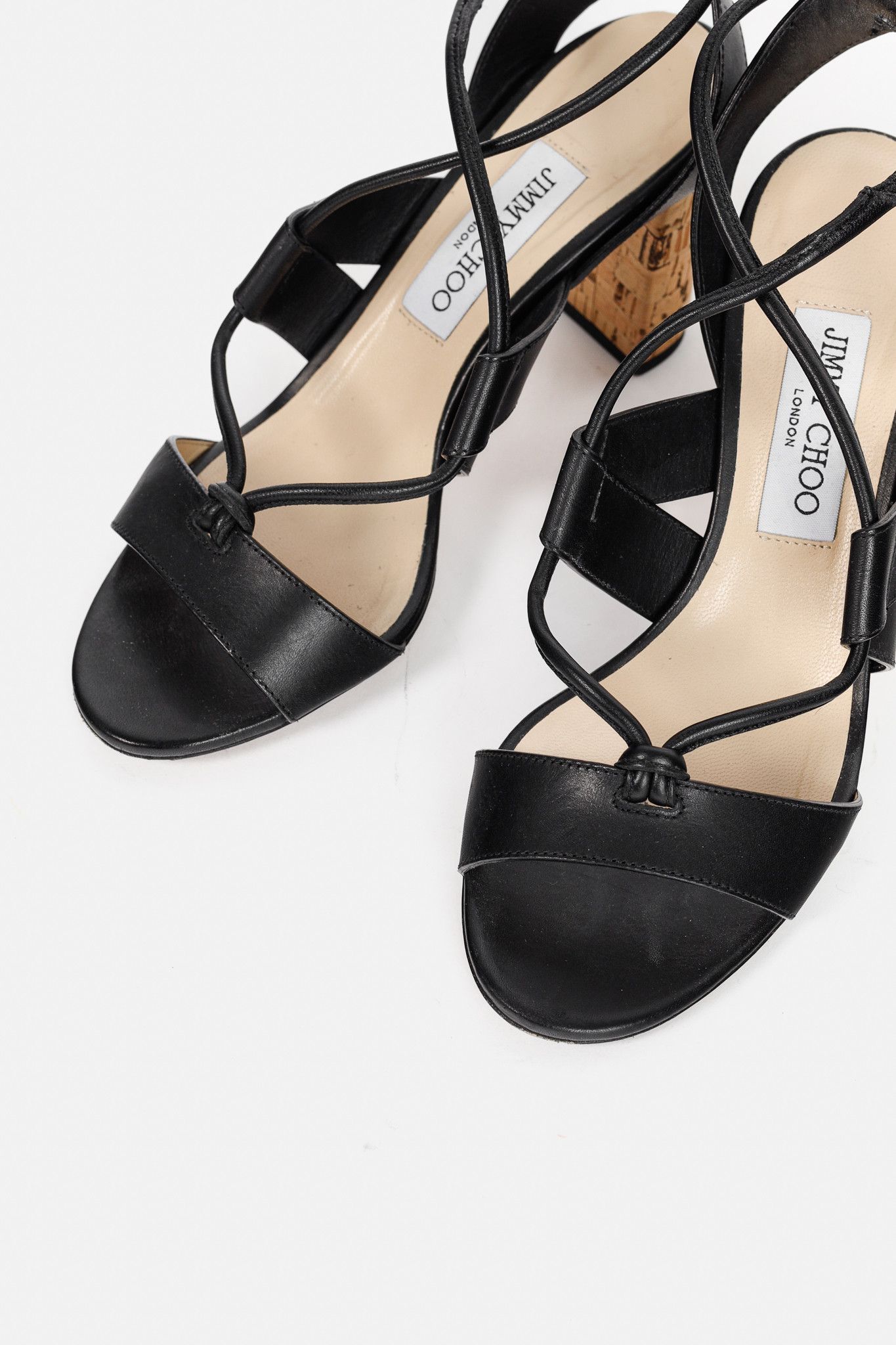 Jimmy Choo Jimmy Choo Margo Black Leather Crisscross Cork-Heel Sandals Size US 7.5 / IT 37.5 - 6 Thumbnail