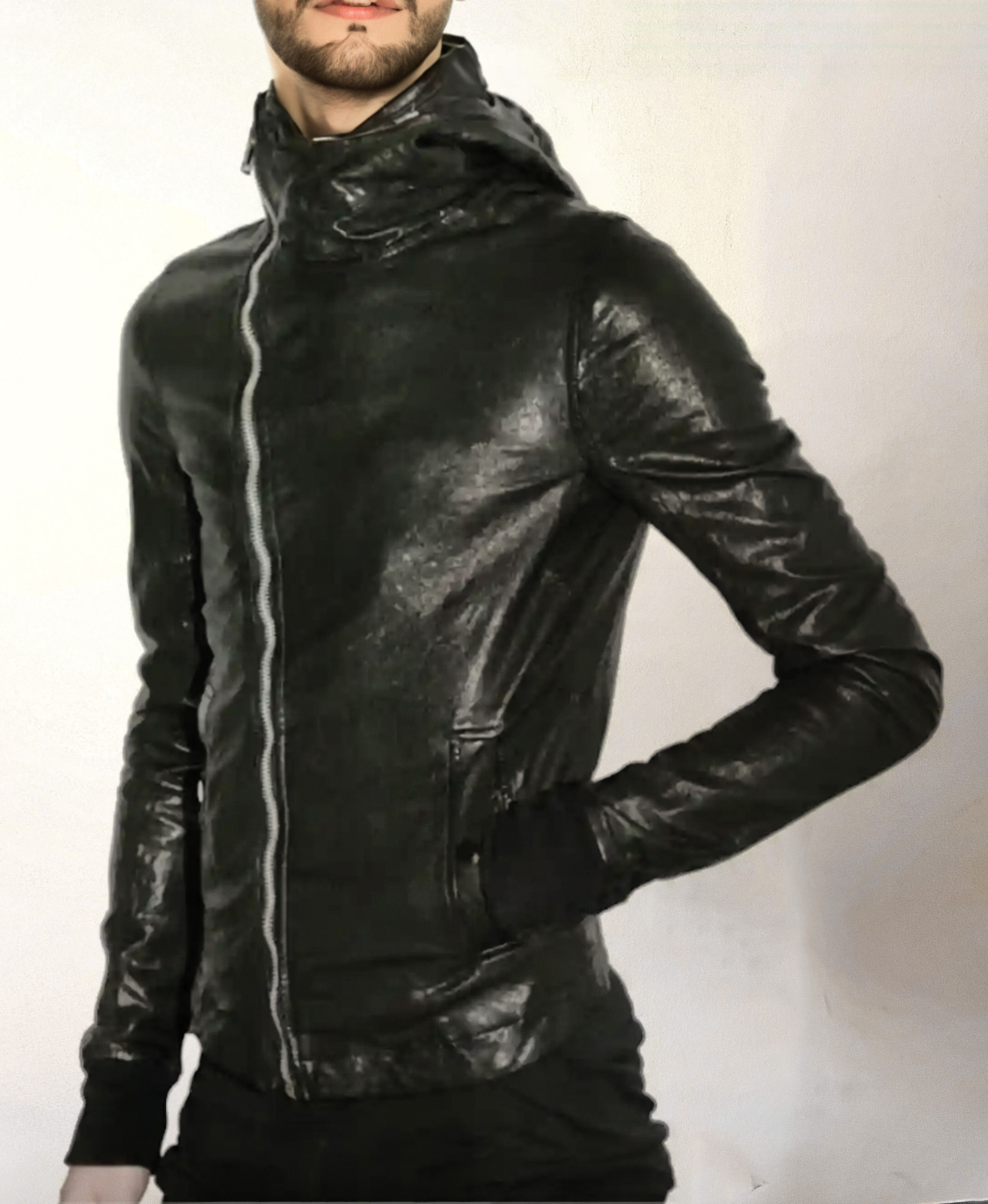 Pre-owned Rick Owens Sz 52 Hooded Bullet Leather Jacket In Black