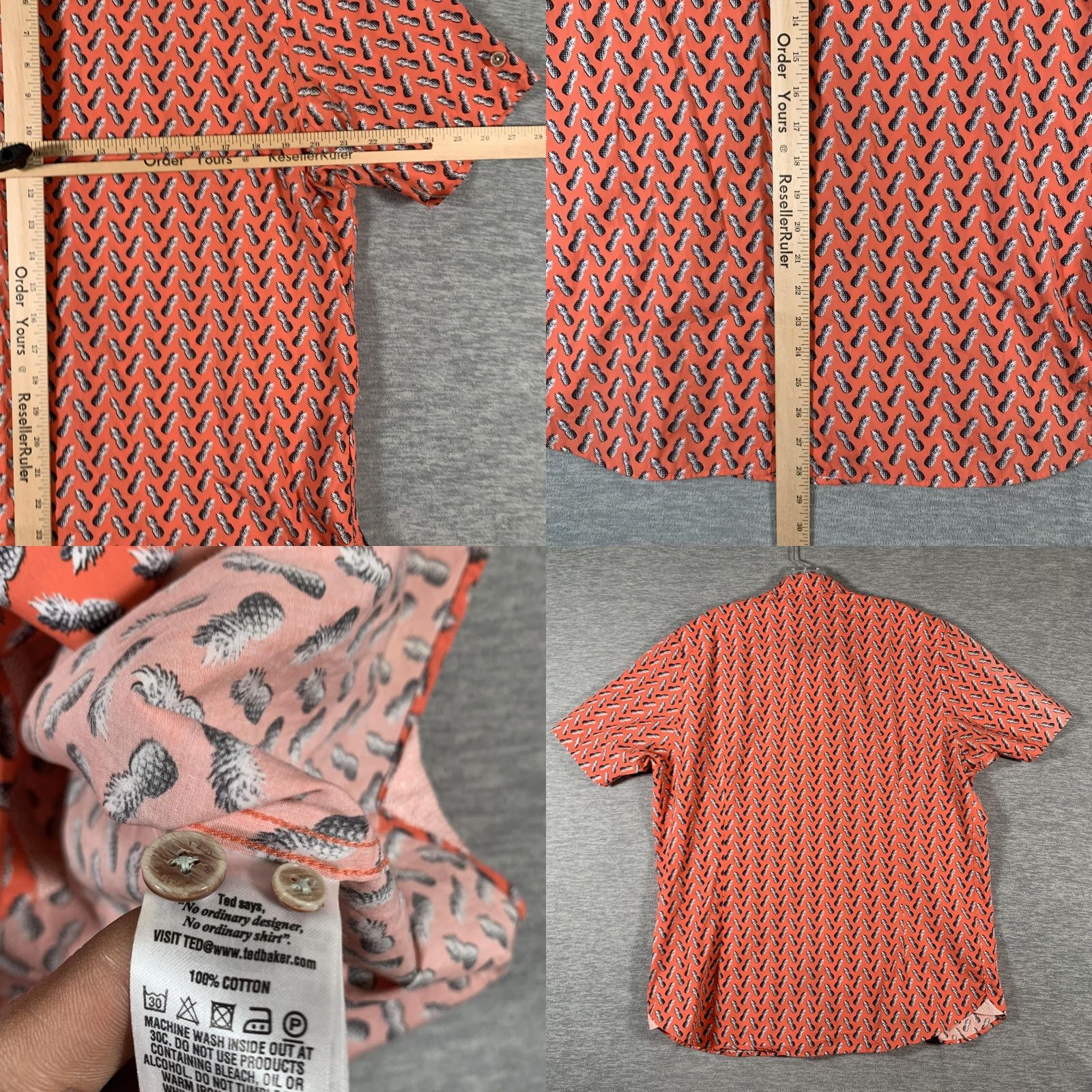 Ted Baker Ted Baker Shirt Mens Large Orange Pineapple Print Short Sleeve Button Front Size US L / EU 52-54 / 3 - 8 Thumbnail