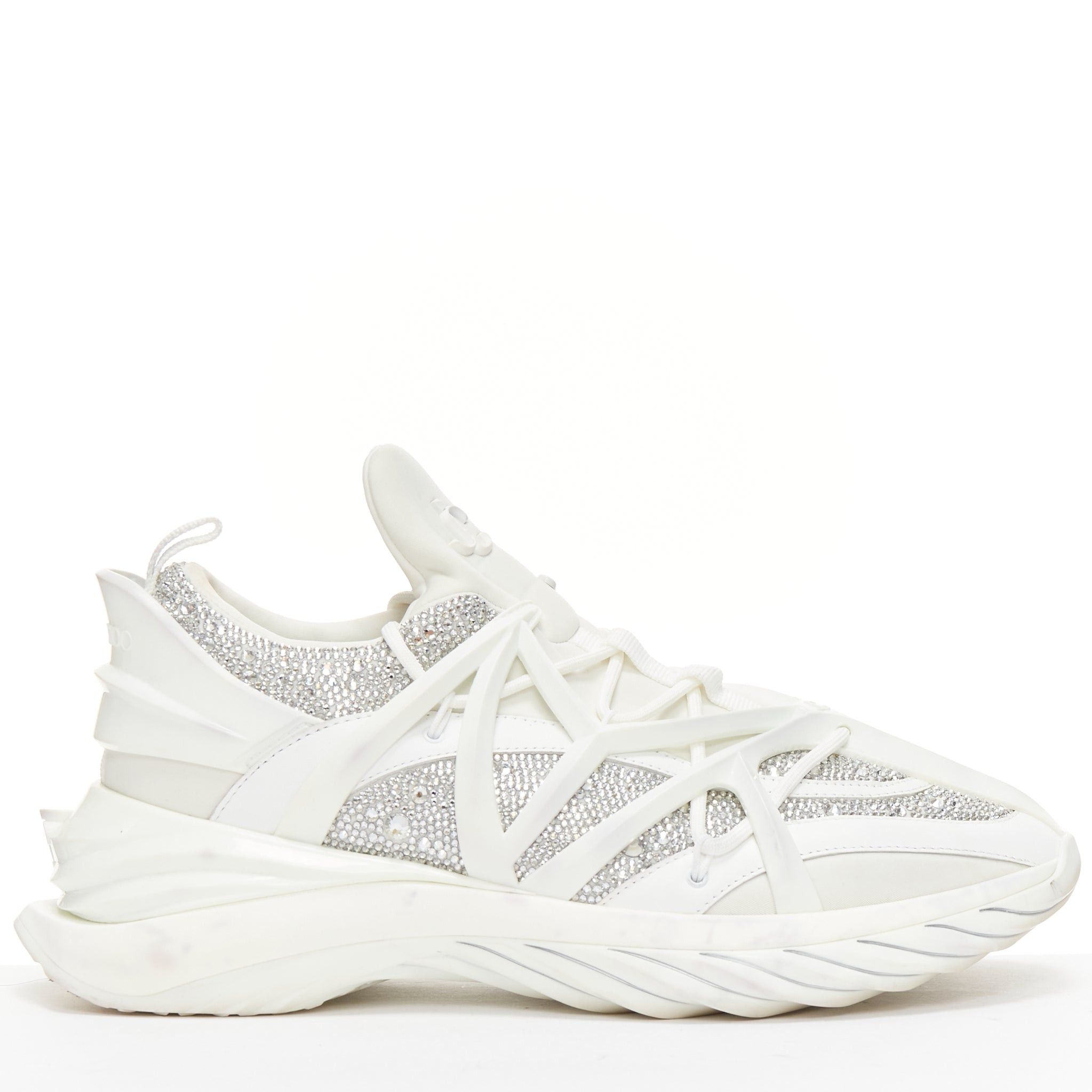 image of Jimmy Choo Cosmos White Leather Rubber Jc Logo Crystal Dad Sneakers Eu39A, Women's