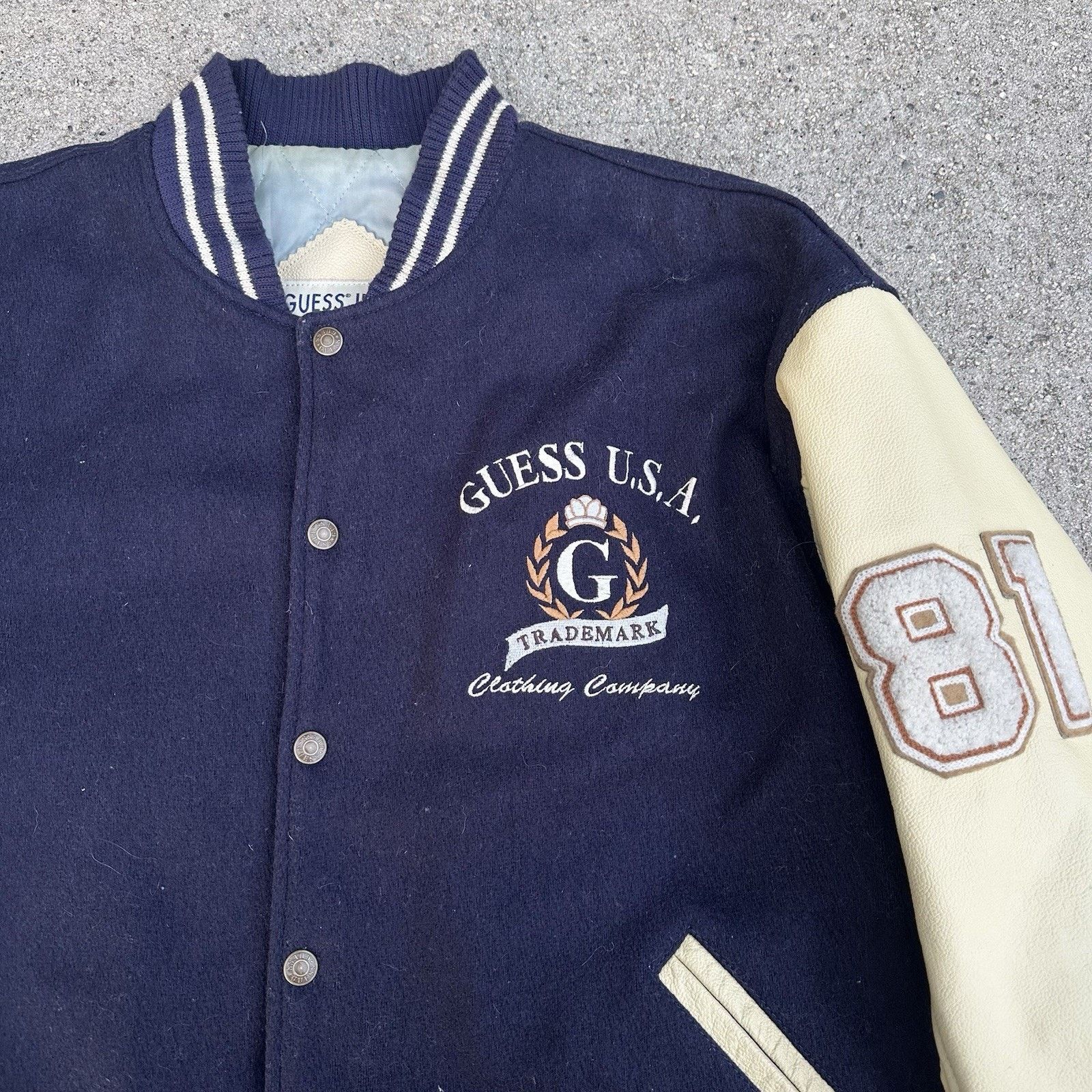 Guess × Vintage Vintage Guess Jeans Wool Leather Letterman Varsity Jacket Size US L / EU 52-54 / 3 - 4 Thumbnail