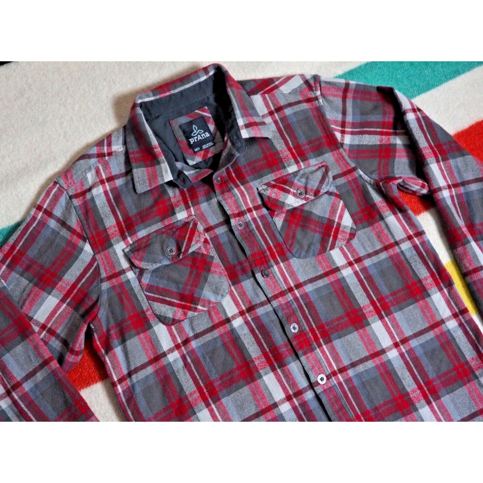 Prana prAna Shirt Mens M Button-Up Outdoor Flannel Plaid Red Gray Cotton EUC Size US M / EU 48-50 / 2 - 2 Thumbnail
