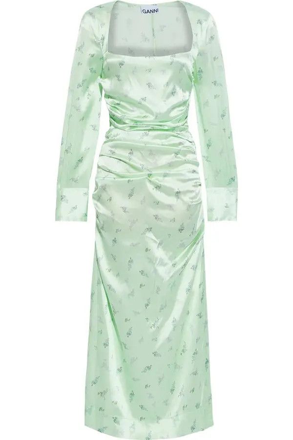 Ganni Ruched Floral-Print Silk-Blend Satin Midi Dress Size S / US 4 / IT 40 - 2 Thumbnail