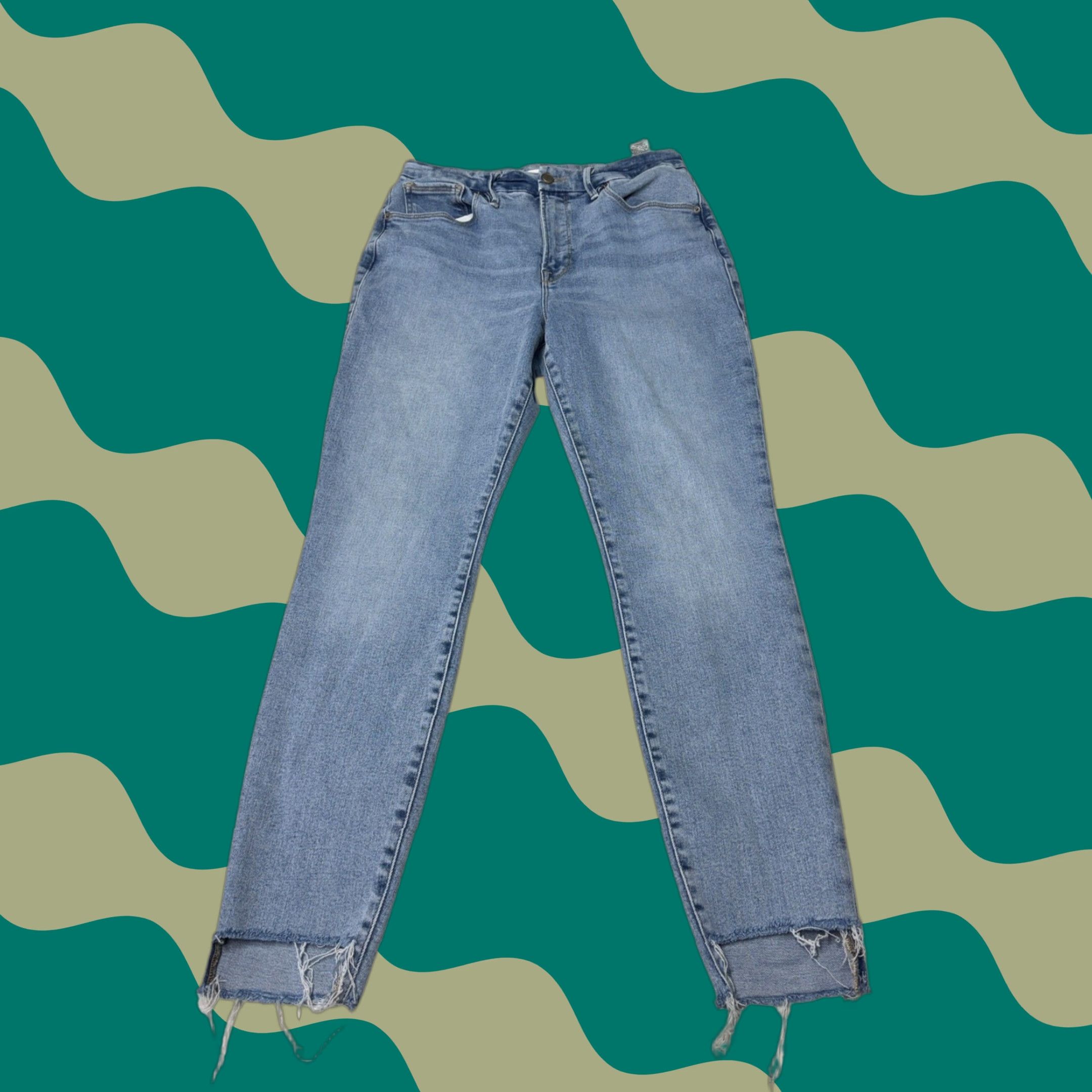 Good American Good American Good Legs Step Hem Jeans Indigo Distressed Blue 29 30 Inseam 27/28 5-Pocket Denim Stretch Slim High Rise Womens Jeans Size 29" - 1 Thumbnail