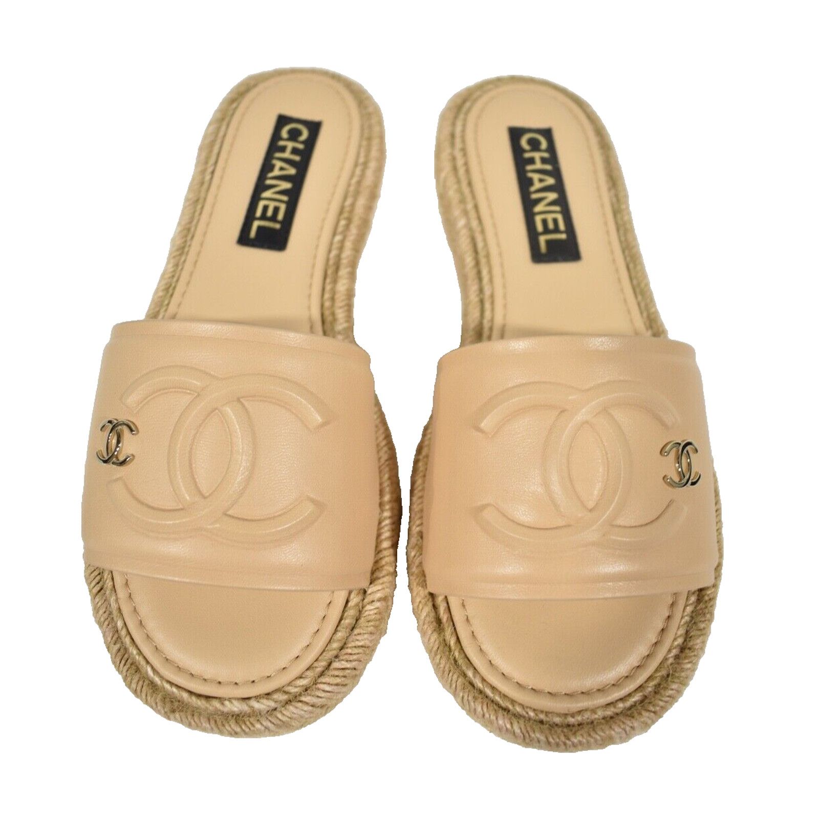 Chanel Chanel 23C Beige Lambskin Leather CC Logo Slide Sandal Size US 7 / IT 37 - 1 Thumbnail