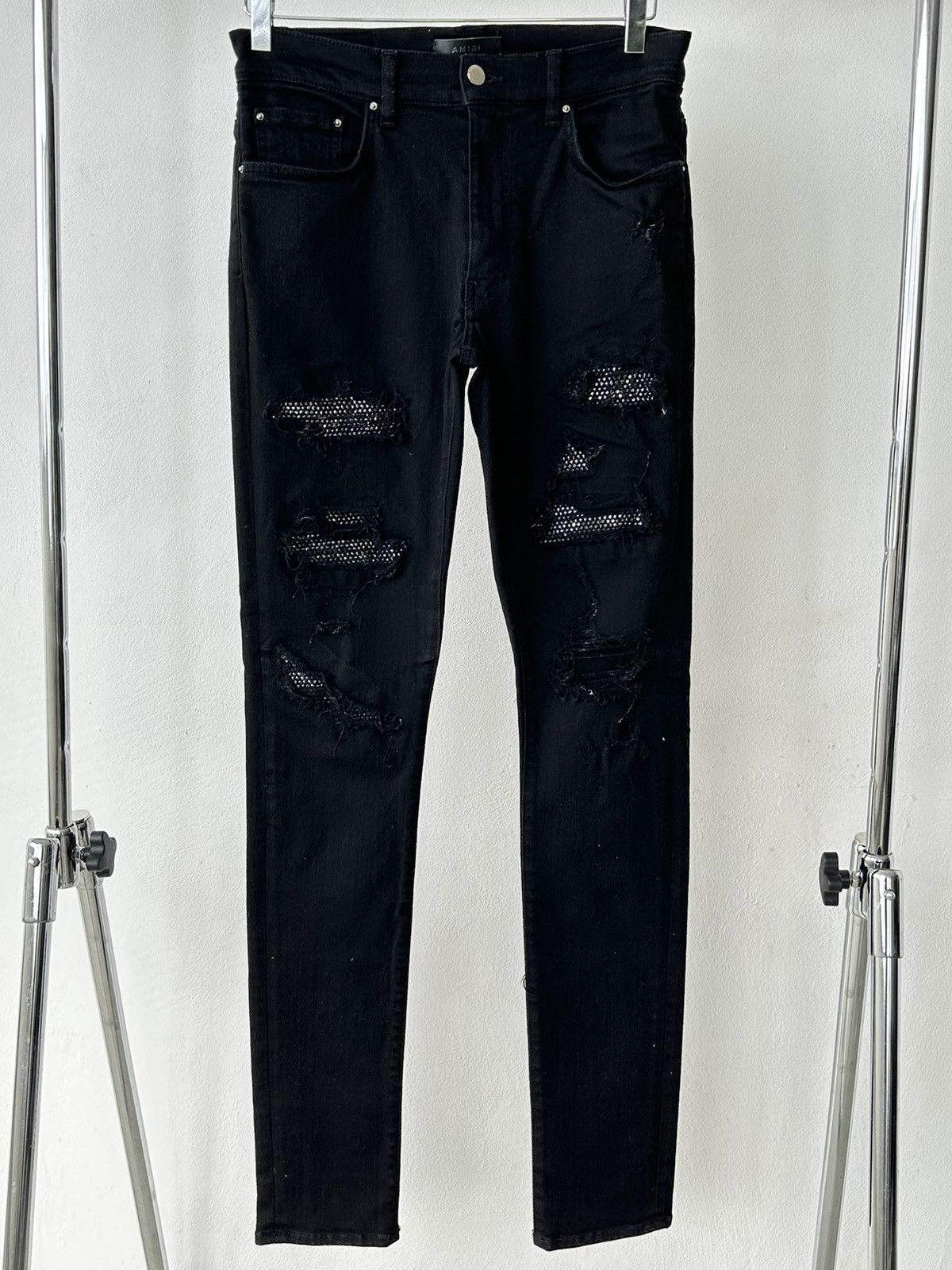 image of Amiri Ripped And Strass Slim Denim. Size 31 in Black, Men's