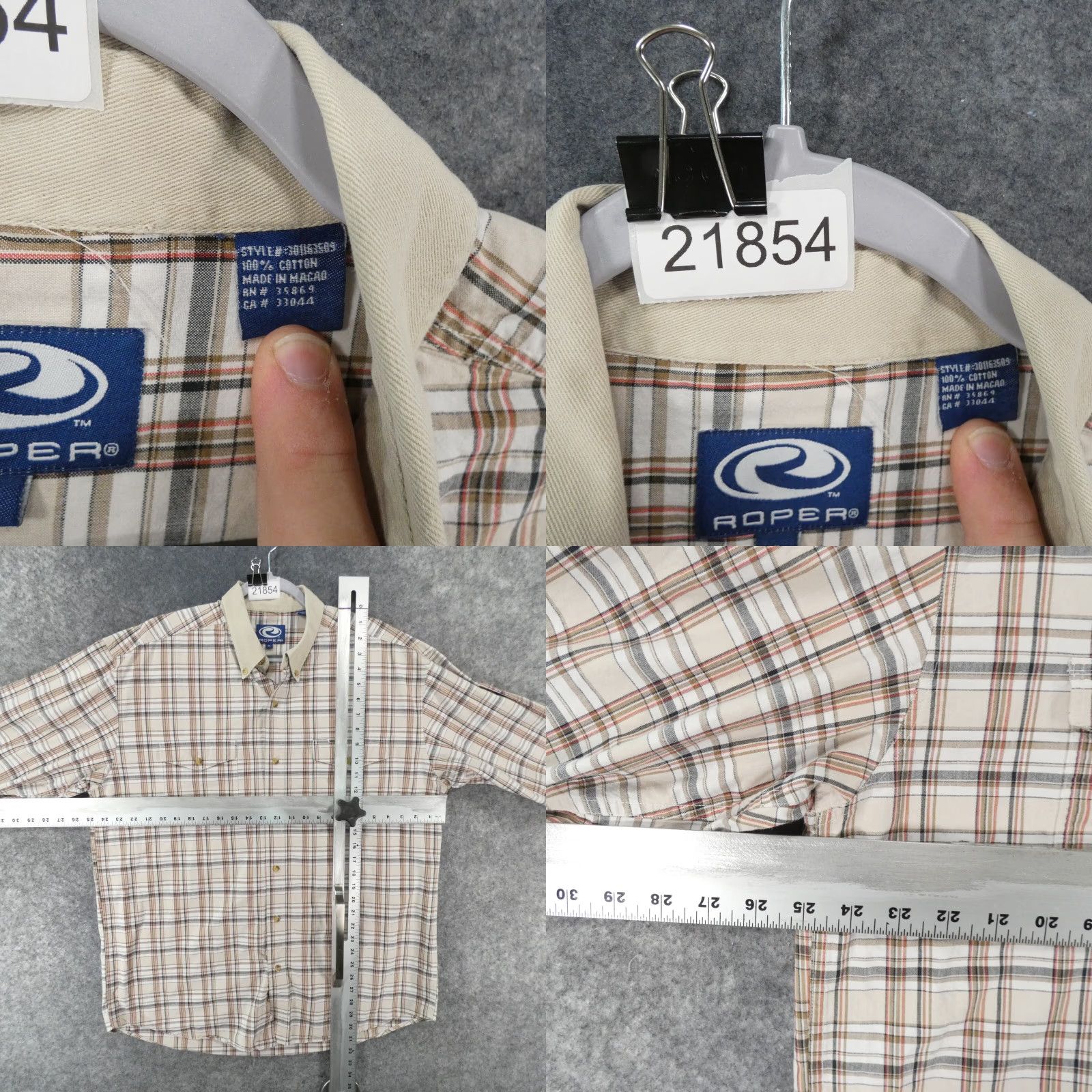 Roper Roper Shirt Mens XL Stretch Long Sleeve Button-Up Beige Plaid Western Size US XL / EU 56 / 4 - 8 Thumbnail