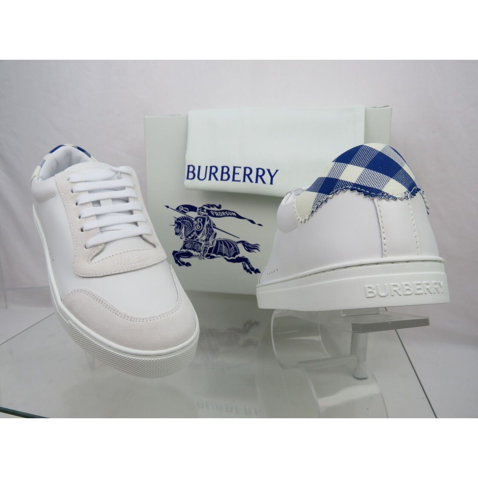 BURBERRY ROBIN WHITE BLUE CHECK LTH LOW LOGO SNEAKERS 7 40