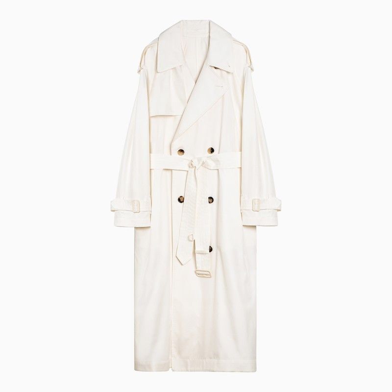 image of Burberry Beige Silk Double-Breasted Trench Coat, Women's (Size Small)