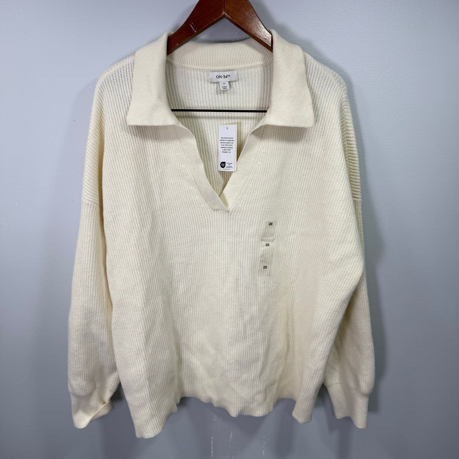 Macys On 34th Macys Plus Sweater sz 2X Collared Cream NEW #G589 Size XXL / US 16-18 / IT 52-54 - 3 Thumbnail