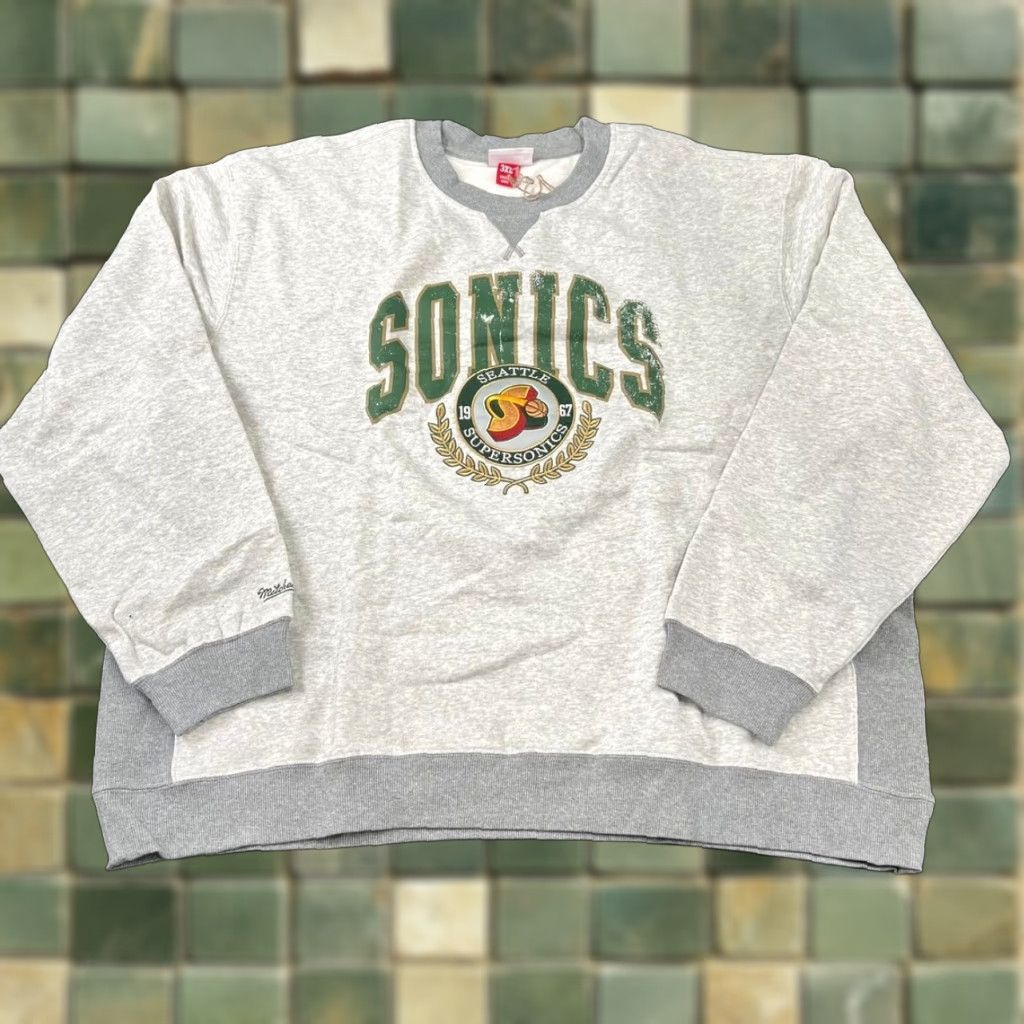 MITCHELL & NESS Seattle Supersonics Fleece Sweatshirt Men's 3XL Gray Shirt Pullover Crew Neck Long Sleeve