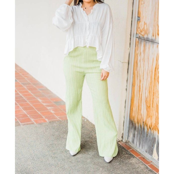 Designer BEIGE BOTANY Wide Leg Pleated Pants In Green Grailed