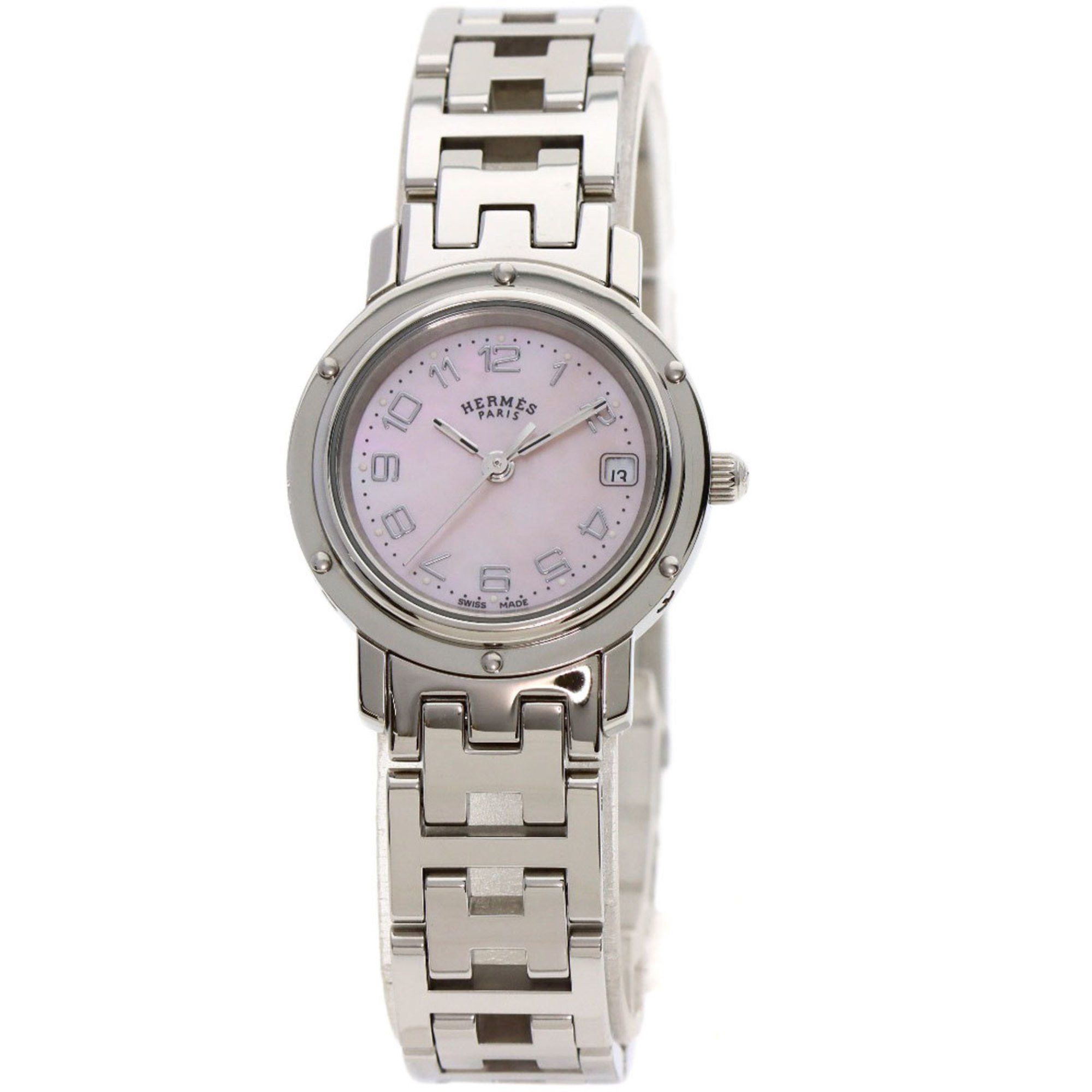 image of Hermes Cl4.210 Clipper Nacre New Buckle Watch Stainless Steel/ss Ladies Hermes in Pink Shell, Women