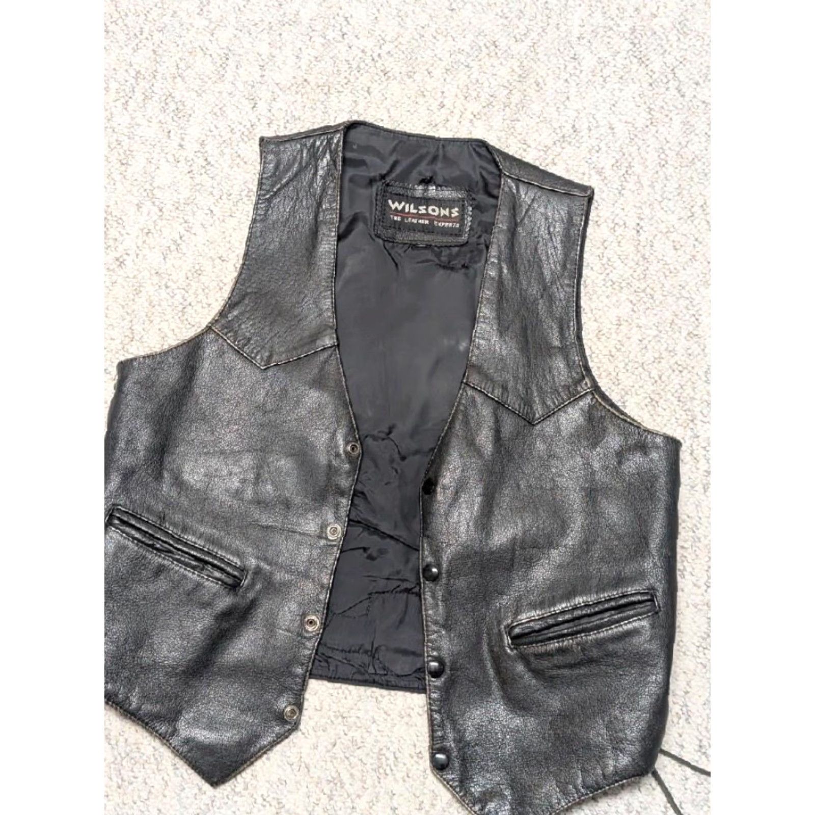 Vintage VINTAGE Wilsons leather vest Harley Eagle black leather Western vest Mens S 38-40 snap 1990s biker Size US S / EU 44-46 / 1 - 4 Thumbnail