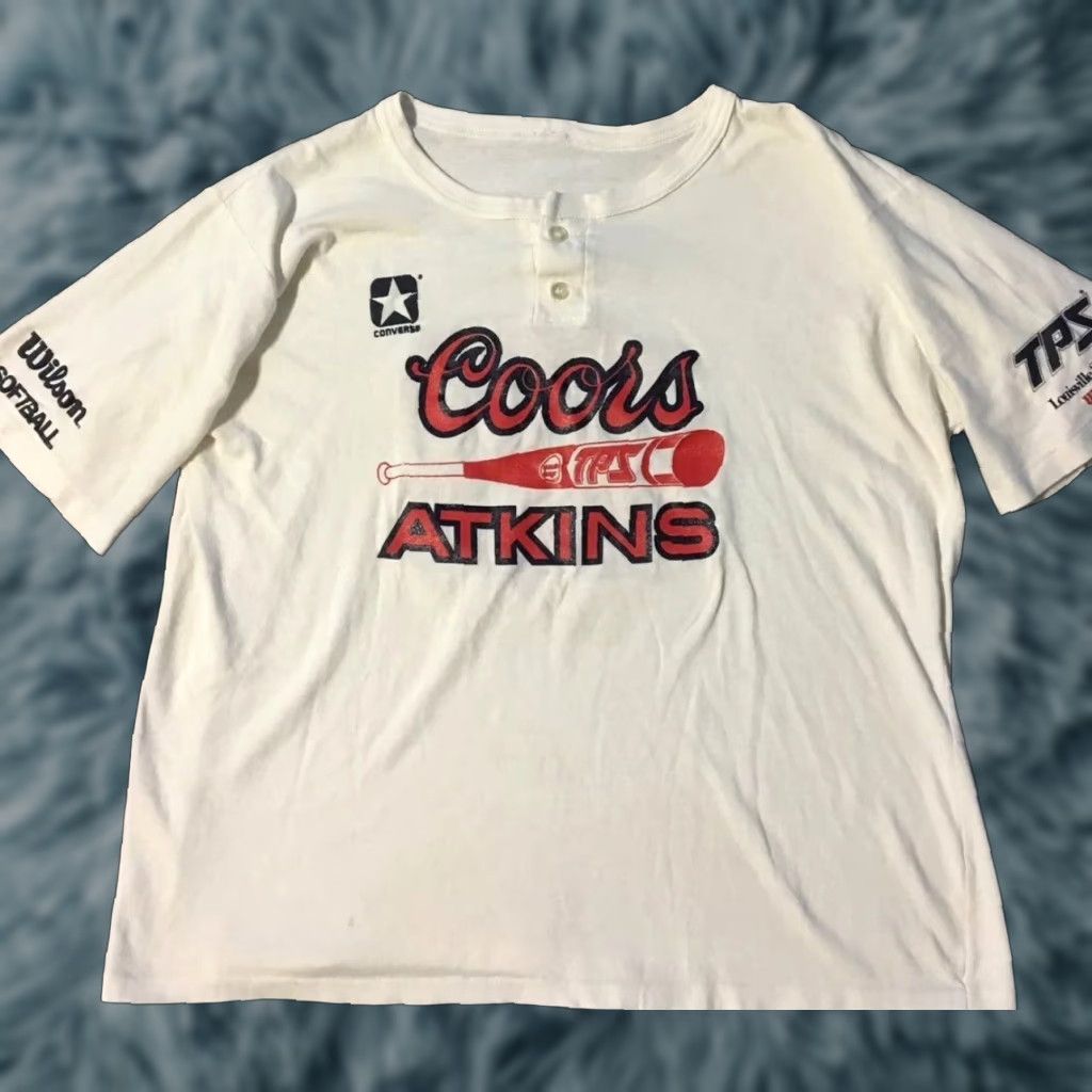 Converse VINTAGE Coors Louisville Slugger Softball Shirt XL White Converse Henley Short Sleeve 90s 80s Grunge Baseball USA Men's Graphic Tee Size US XL / EU 56 / 4 - 1 Thumbnail