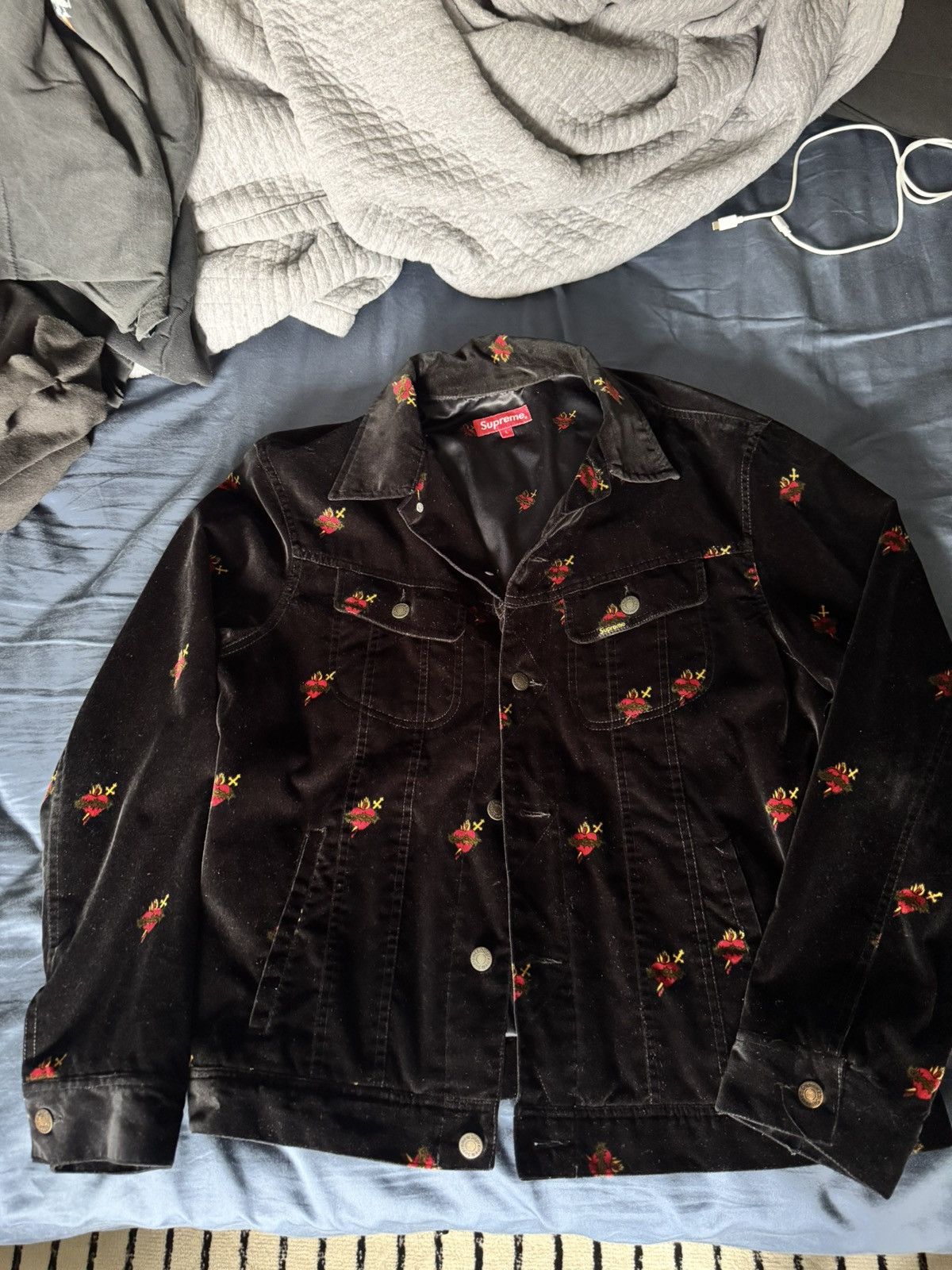 Supreme Supreme Velvet Trucker Jacket Black Sacred Hearts | Grailed