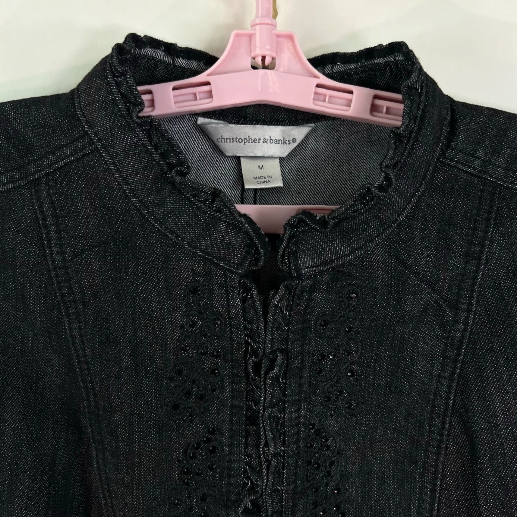 Vintage VINTAGE Christoper & Banks Black Jean Jacket Blazer Size M Embroidered Ruffle Sequin - Women Blazer Denim 90s Theme Size 32" / US 10 / IT 46 - 2 Thumbnail