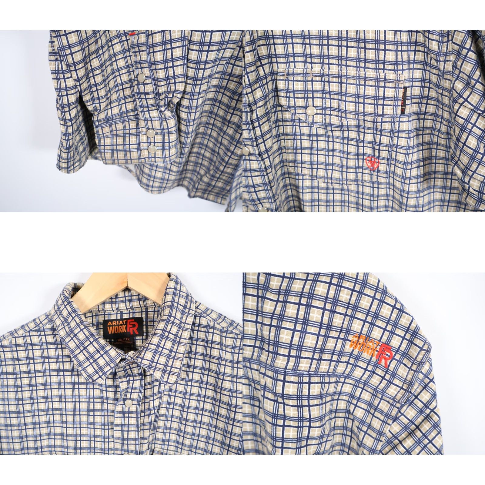Ariat Ariat Shirt Men's 2XL FR Snap Long Sleeve Plaid Beige Blue Heavyweight Cotton Workwear Size US XXL / EU 58 / 5 - 9 Thumbnail