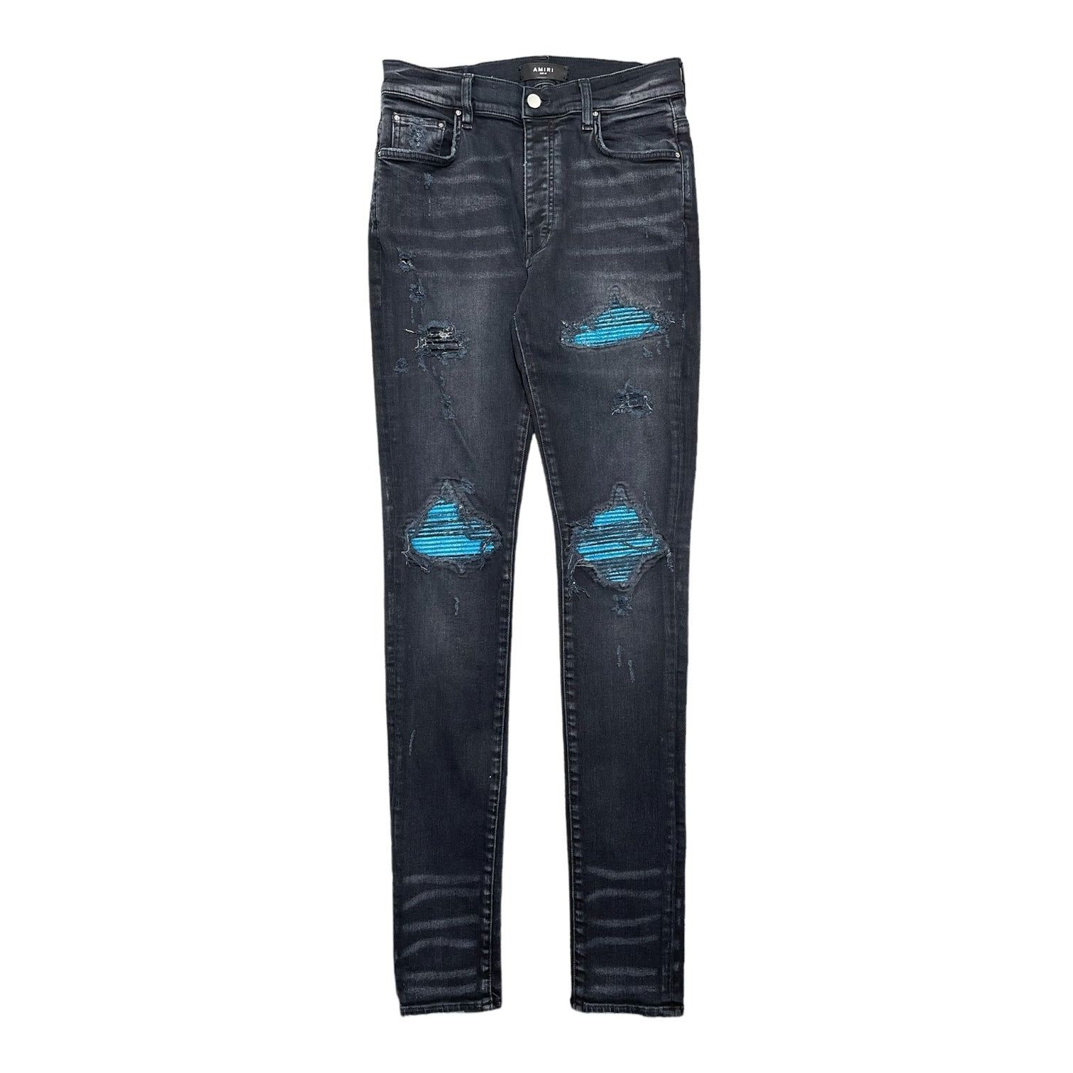 image of Amiri Mx1 Cracked Blue Leather Jeans Aged Black, Men's (Size 31)