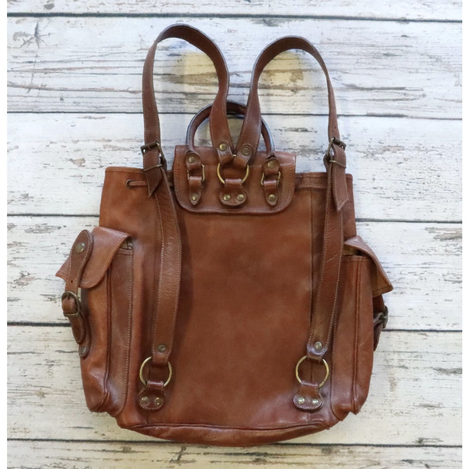 Vintage VINTAGE Leather Rucksack Backpack Men Brown 11 1/2" 16" - Size: See measurement Plaid Lining Back to Vintage Leather Rucksack Backpack Size ONE SIZE - 4 Thumbnail