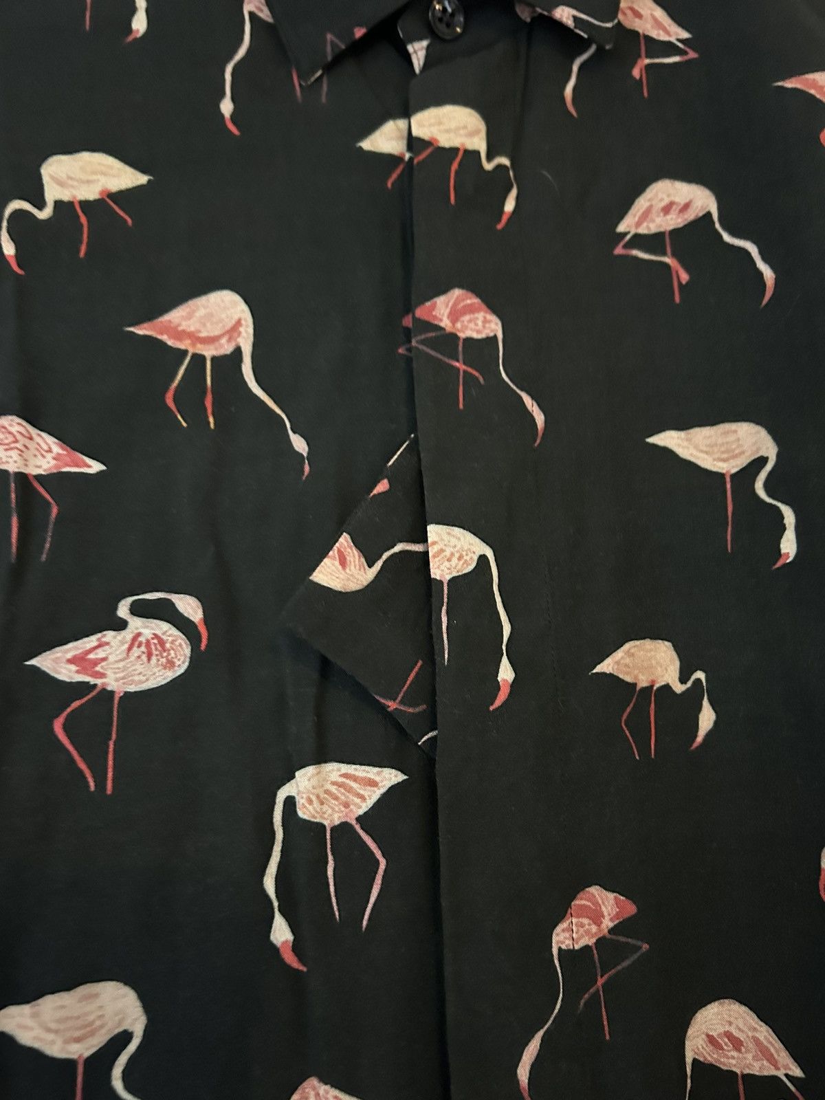 Saint Laurent Paris Saint Laurent Flamingo Print Button-Up Shirt, Black, Viscose Size US L / EU 52-54 / 3 - 3 Thumbnail