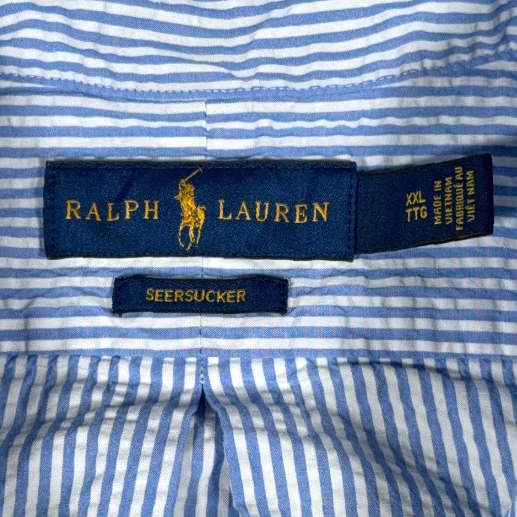 Ralph Lauren Ralph Lauren Shirt Adult 2XL Blue White Striped Seersucker Cotton Button-Up Collar Short Sleeve Embroidered Pony Pocket Size US XXL / EU 58 / 5 - 5 Thumbnail