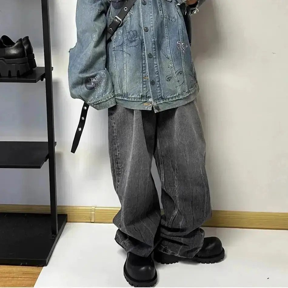 Japanese Brand Dark Grey Washed Damage Baggy jeans y2k streetwear Size US 32 / EU 48 - 4 Thumbnail