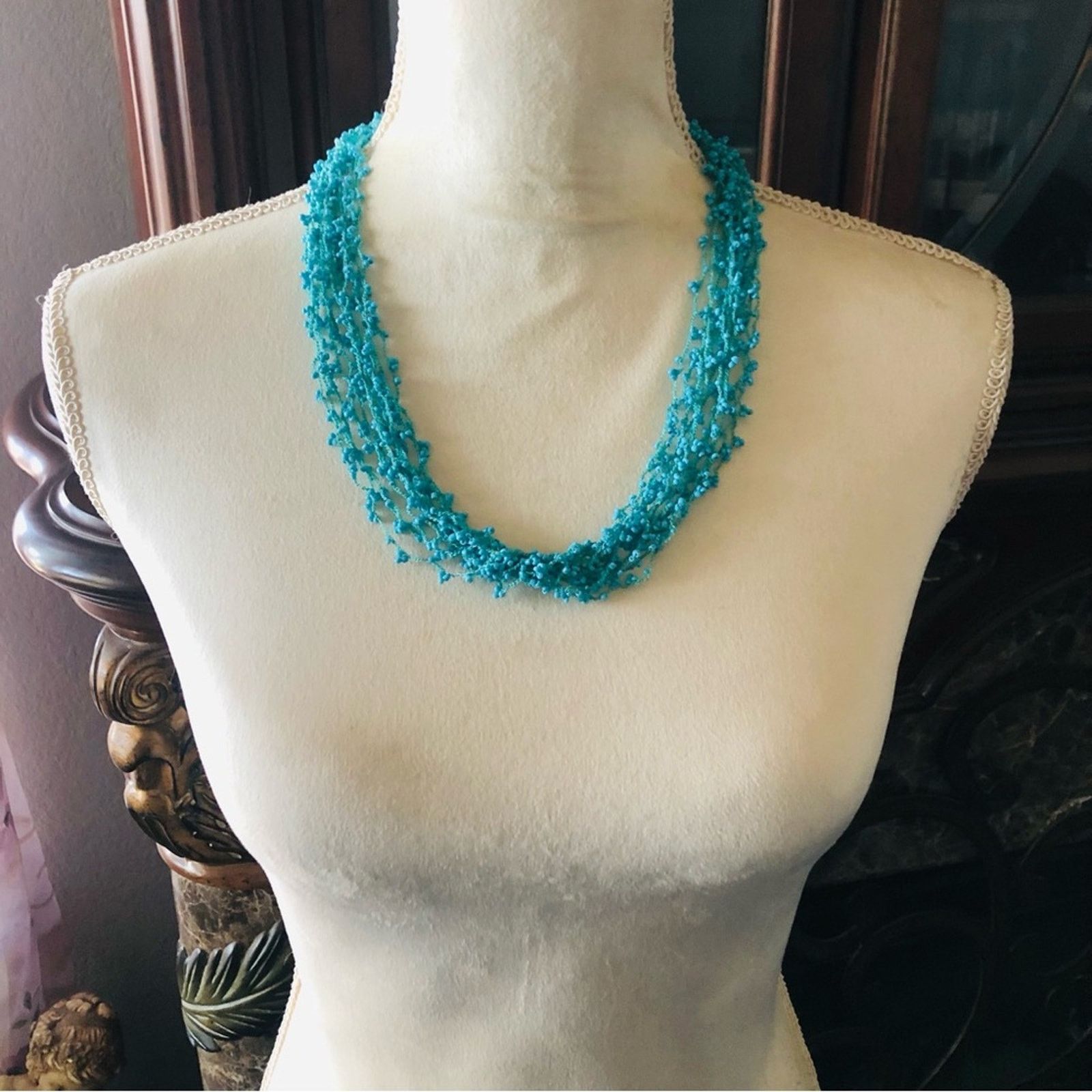 Handmade Handcrafted turquoise tone multi strand beaded necklace Size ONE SIZE - 2 Thumbnail