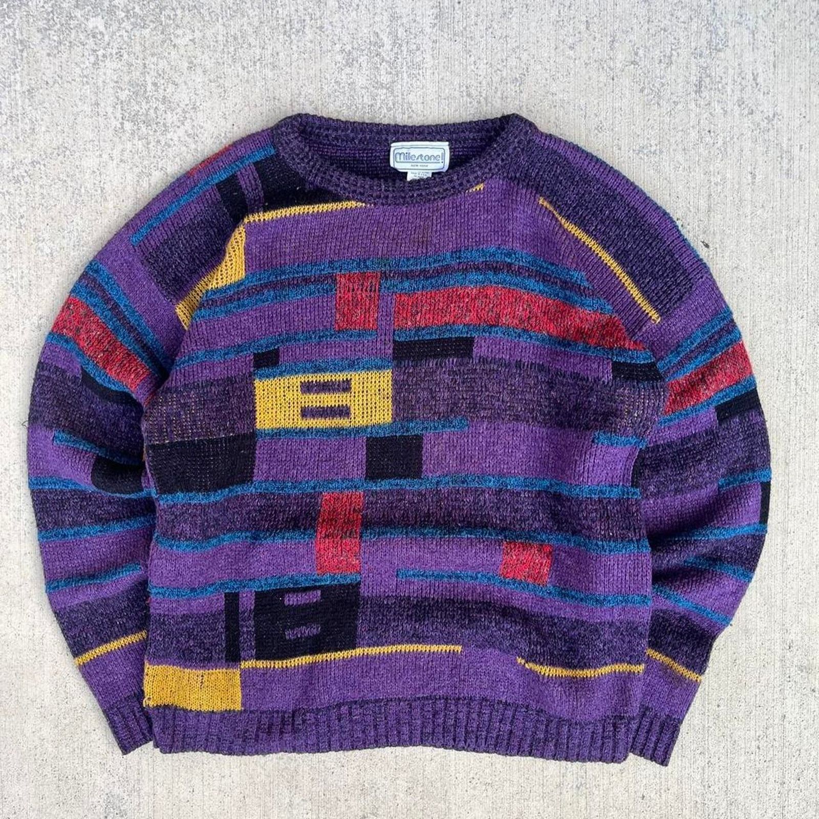 Milestone MileStone 80’s Purple Geometric Pattern Pullover Sweater Size US M / EU 48-50 / 2 - 4 Thumbnail