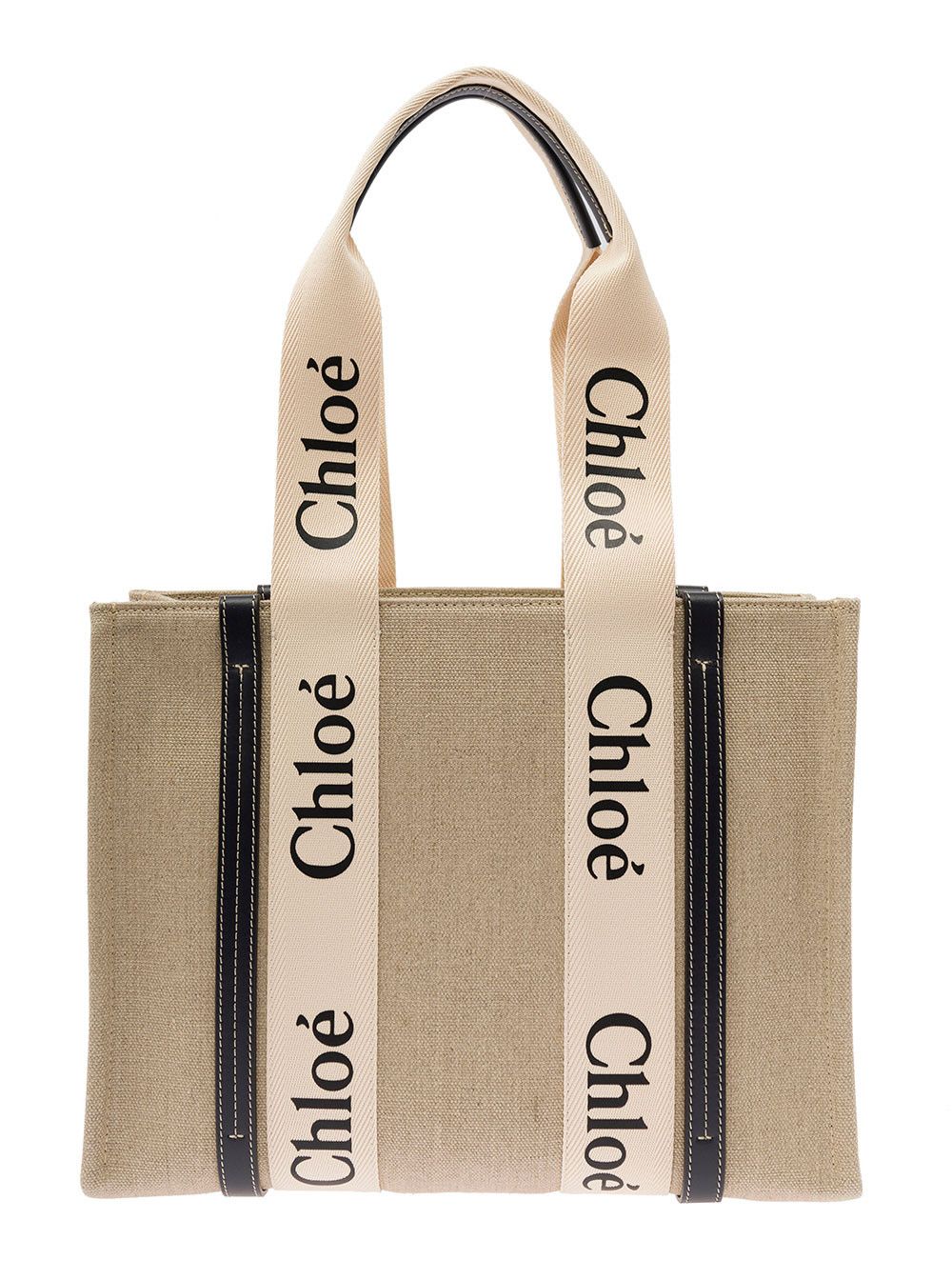 Chloe Beige Handbag 'Medium Woody' with Logo Lettering on the Front in Linen for Women Size ONE SIZE - 1 Thumbnail