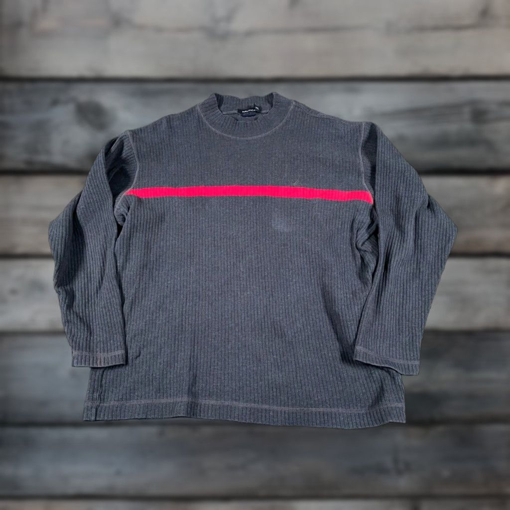 Nautica VINTAGE Nautica 90s Men's XL Sweater Ribbed Mock Neck Pullover Casual Pullover Gray Red Striped Size US XL / EU 56 / 4 - 1 Thumbnail