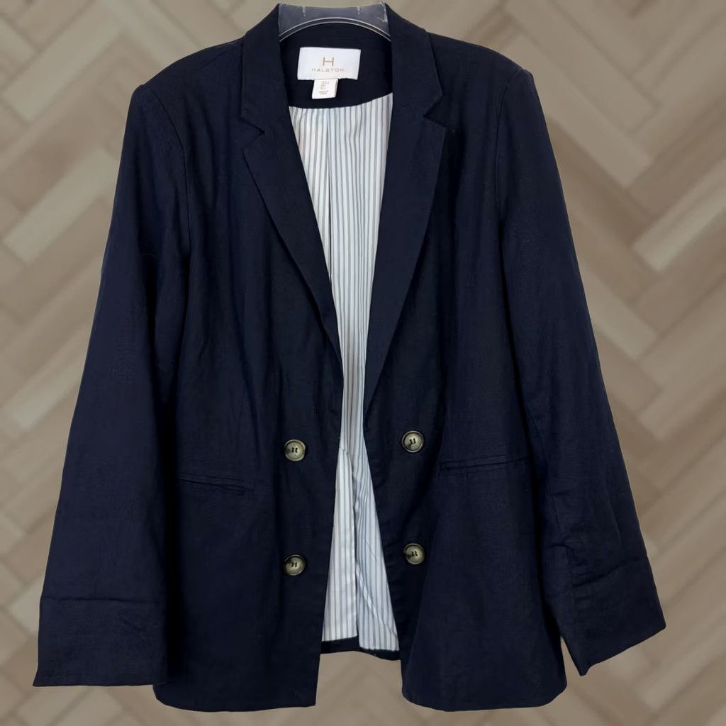 Halston H Halston Blazer Womens Large Navy Blue Linen Blend Lagenlook Minimalist Size L / US 10 / IT 46 - 1 Thumbnail