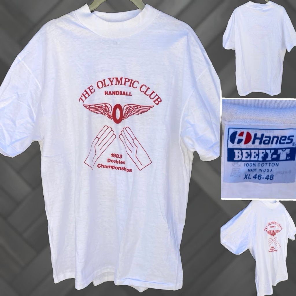 Hanes VINTAGE Hanes The Olympic Club Handball 1983 Doubles Championships T Shirt XL White 80s Mens Shirt Graphic Print Size US XL / EU 56 / 4 - 1 Thumbnail