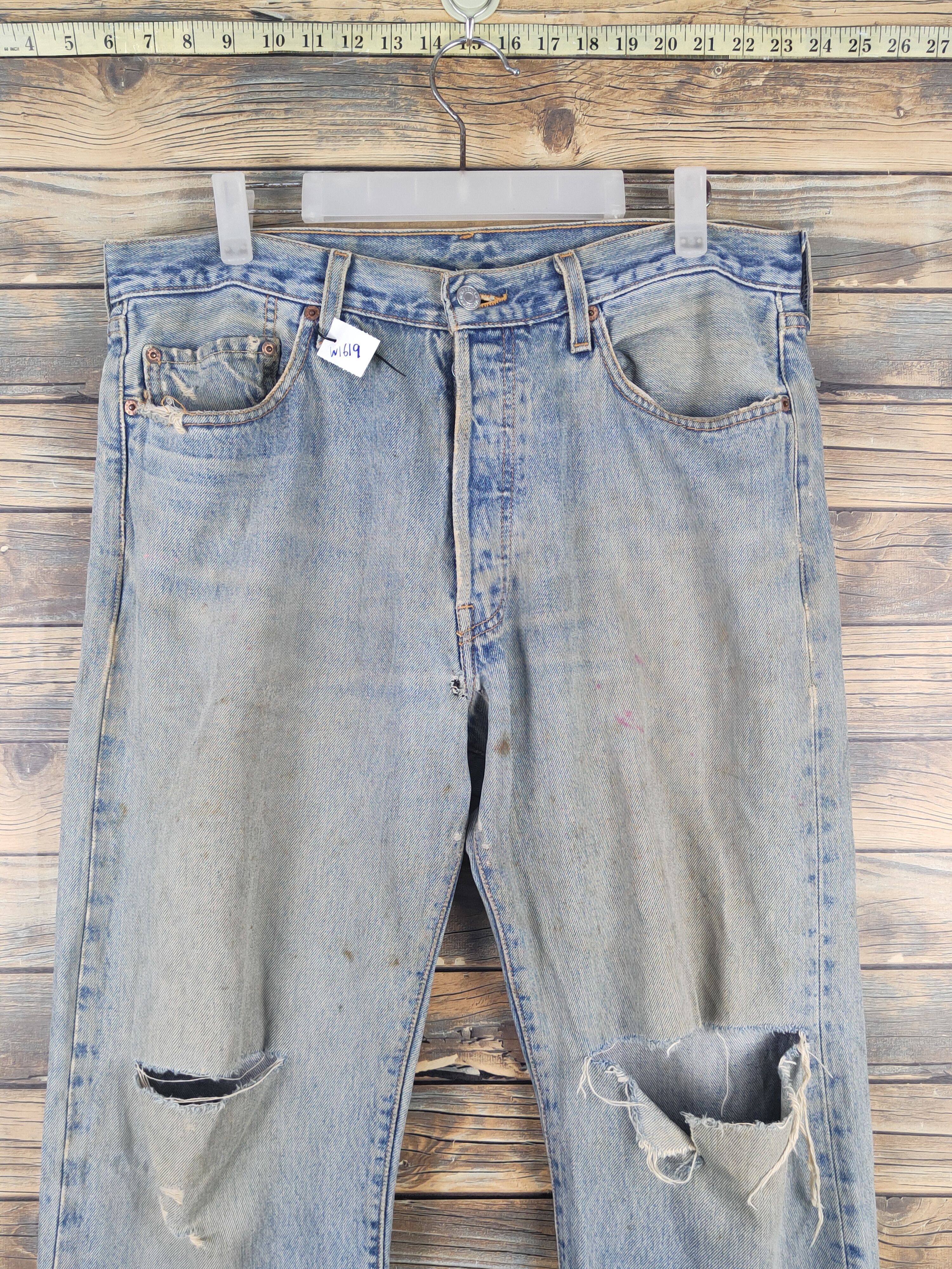 Levi's 501 Levis vintage Blue Distressed Ripped denim Jeans #W1619 Size US 34 / EU 50 - 2 Thumbnail