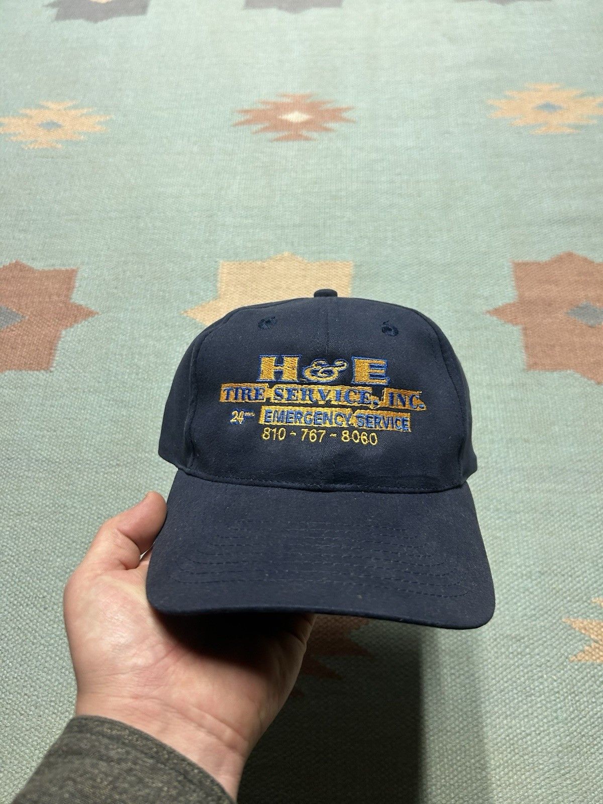 Vintage Vtg SnapBack hat H&E tire service flint Michigan blue yellow Size ONE SIZE - 2 Thumbnail
