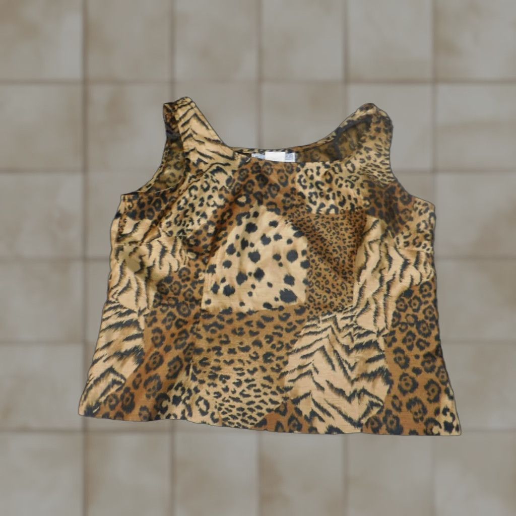 Vintage Jessica Howard Womens Blouse 12 Brown Animal Print Sleeveless Crew Neck Casual Polyester Rayon Breathable Regular Modern Animals 12 Size XL / US 12-14 / IT 48-50 - 1 Thumbnail