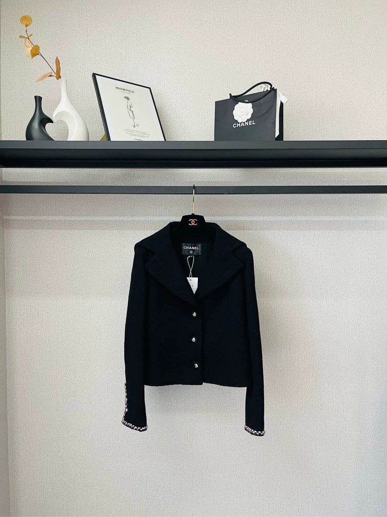 Chanel Black Tweed Jacket with Navy Trim- DMC