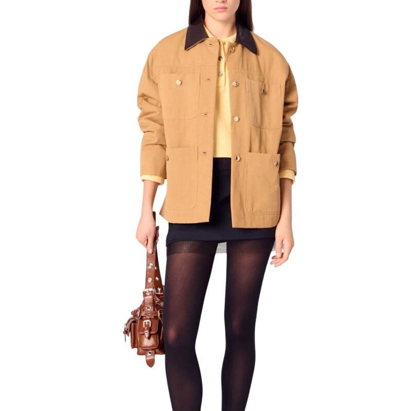 Maje Maje Women's Beige Cotton Coat With Leather Collar Size 42 Size L / US 10 / IT 46 - 1 Thumbnail